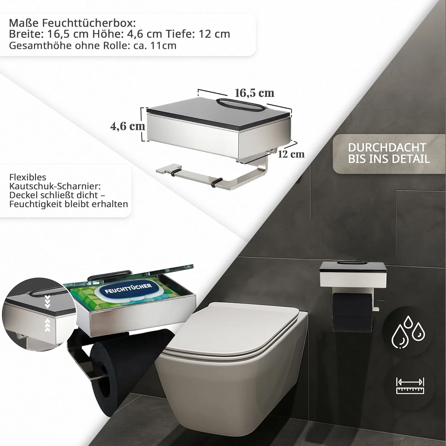 Toilettenpapierhalter mit Feuchttücherbox - Gehäuse Poliert & Abdeckung Glas Schwarz- befüllbar von - Image 7