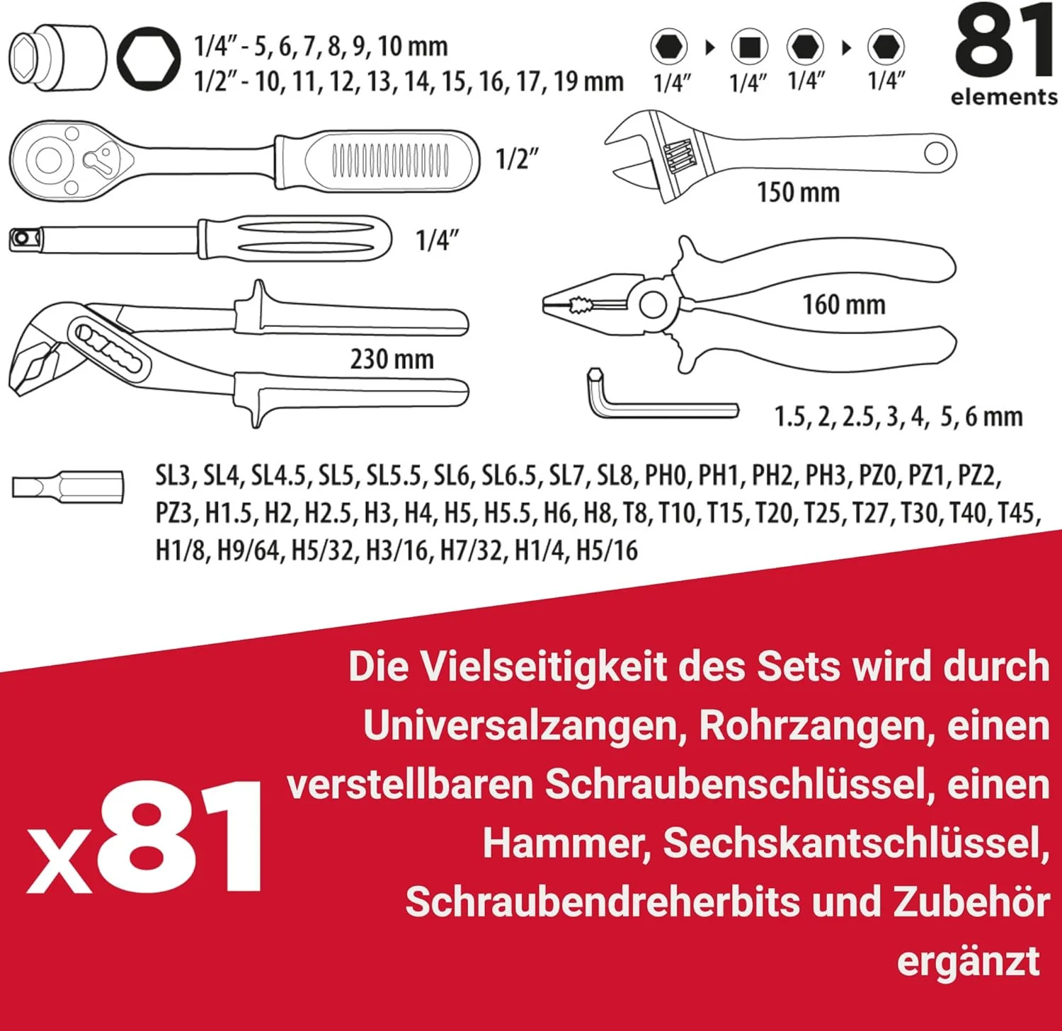 TOP TOOLS Werkzeugkoffer 81-teilig 1/4 & 1/2 Zoll – Steckschlüsselsatz mit Knarre, Zangen, Hammer & - Image 3