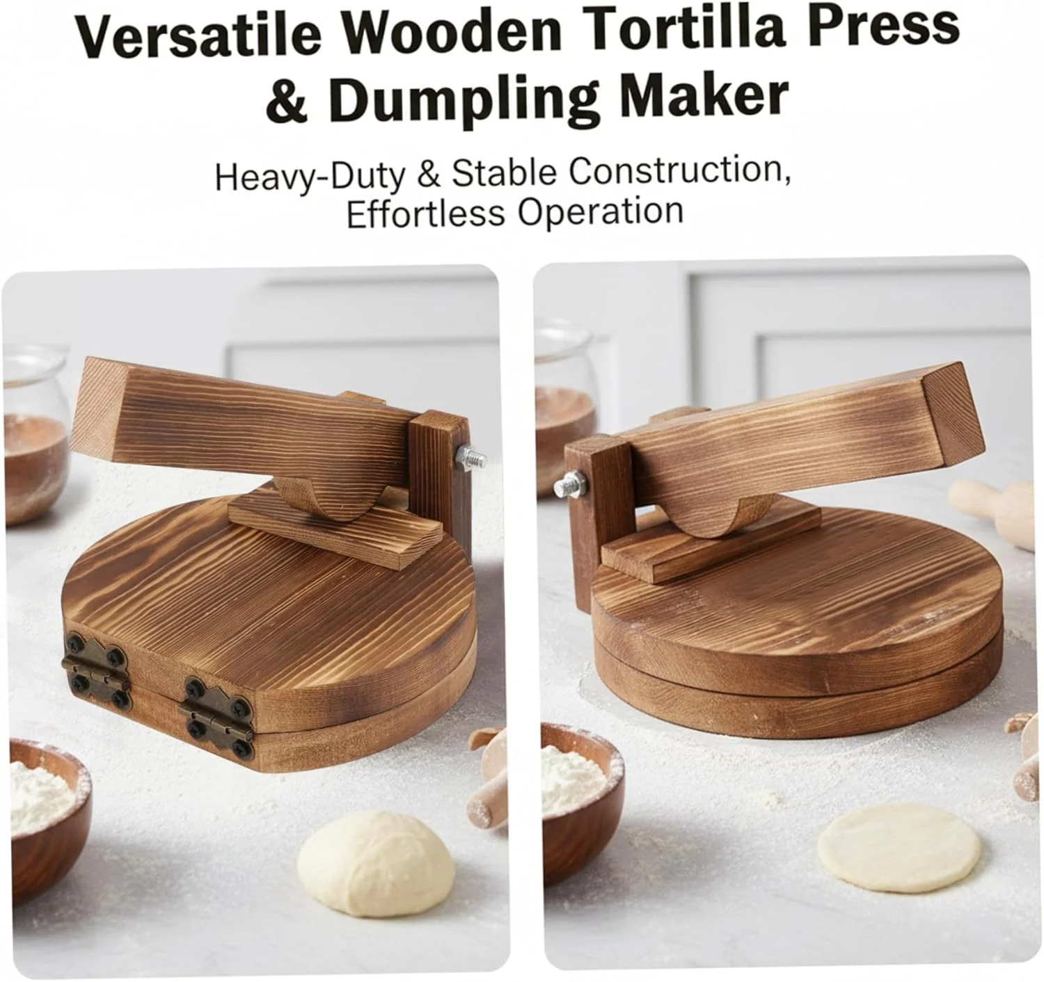 Tortillapresse und Knödelmacher aus Holz – robuste karbonisierte runde Presse für hausgemachte Torti - Image 5