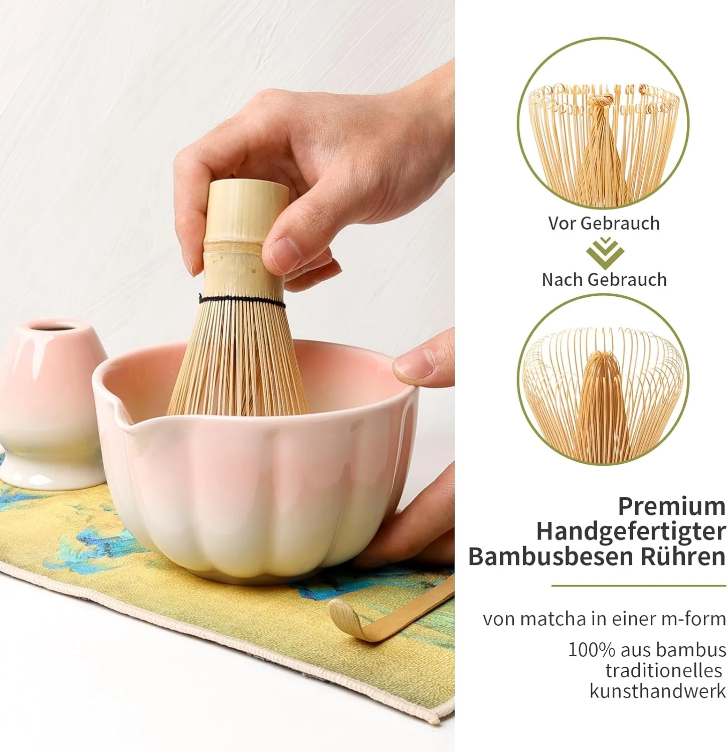 Traditionelles Japanisches Matcha Tee Zeremonie Set, 7-teilig, Bambus Besen, Keramik Schale mit Ausl - Image 3