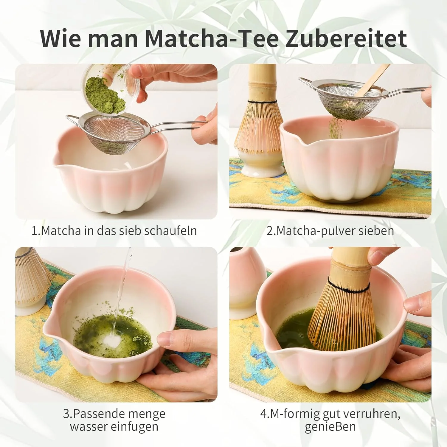Traditionelles Japanisches Matcha Tee Zeremonie Set, 7-teilig, Bambus Besen, Keramik Schale mit Ausl - Image 7