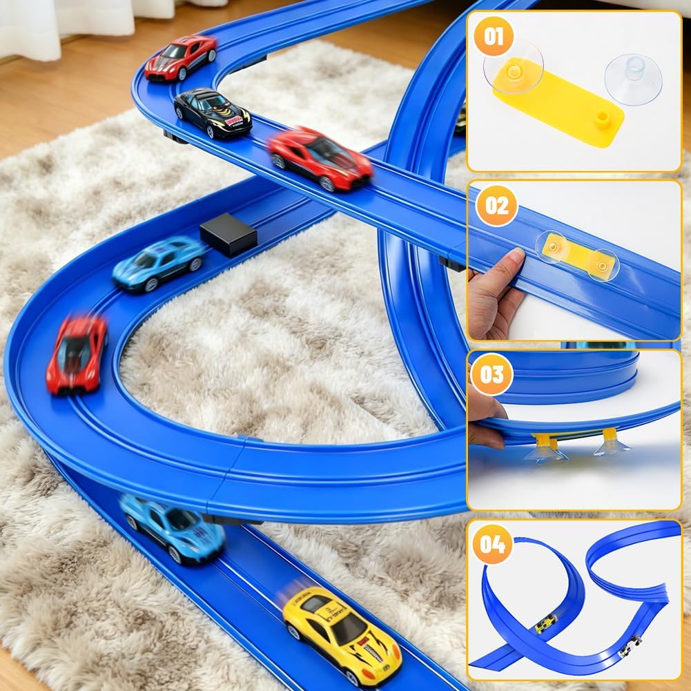 Tragbare Rennbahn für Kinder 5 Meter Flexible Dual-Rennstrecke mit 4 Leichtmetall-Autos, Rampen & Au - Image 5