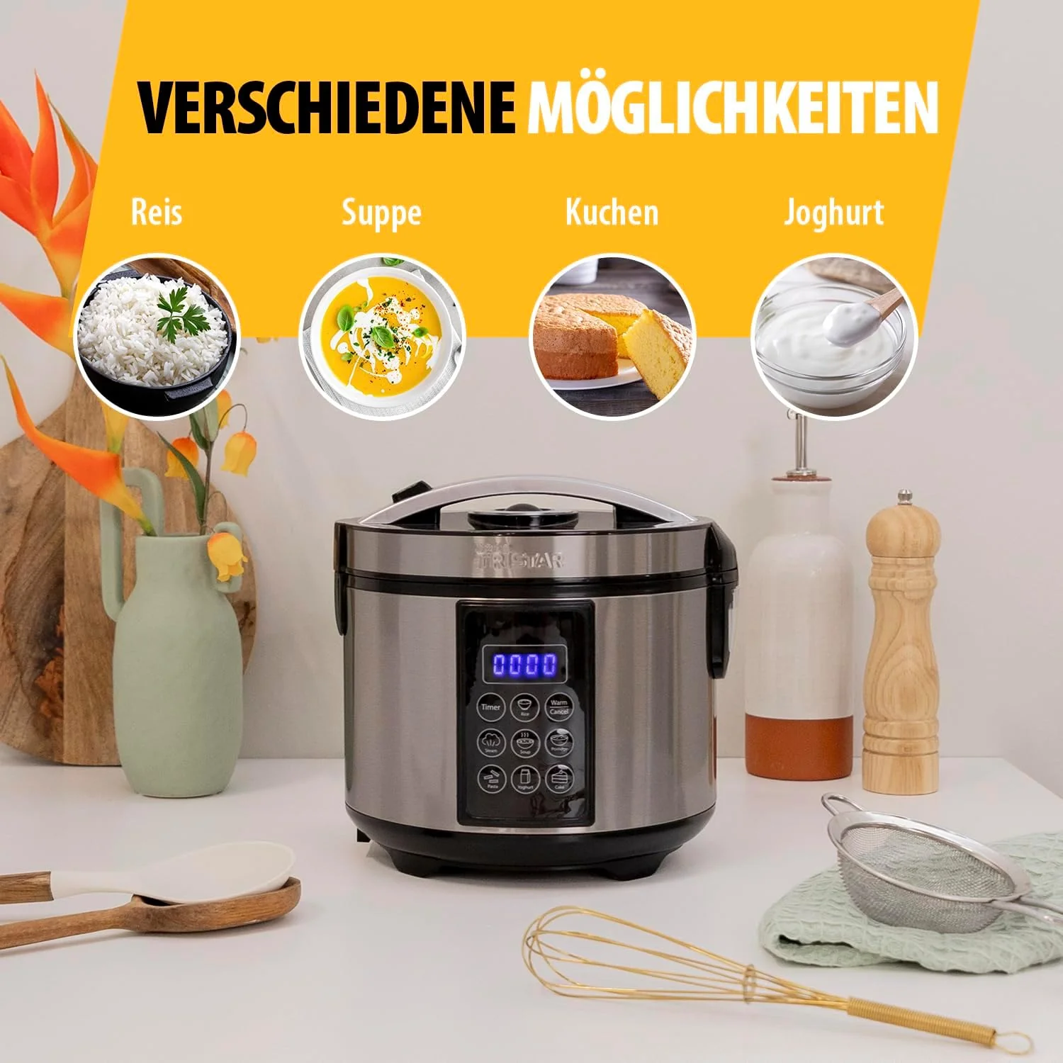 Tristar RK-6132 Digitaler Edelstahl Reis- und Multikocher, 1,5 Liter Kapazität, 500 Watt Leistung, W - Image 3