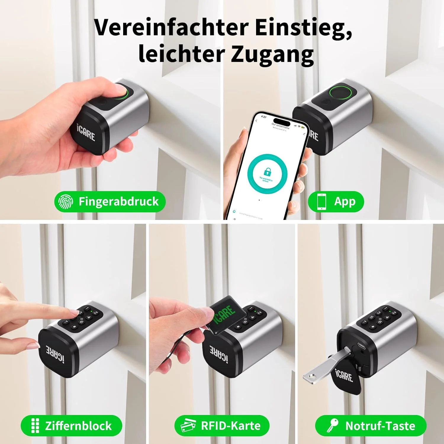 Türschloss Fingerabdruck Smart Lock, Schliesszylinder 60-90mm(30/30,45/45), Elektronisches Fingerabd - Image 4