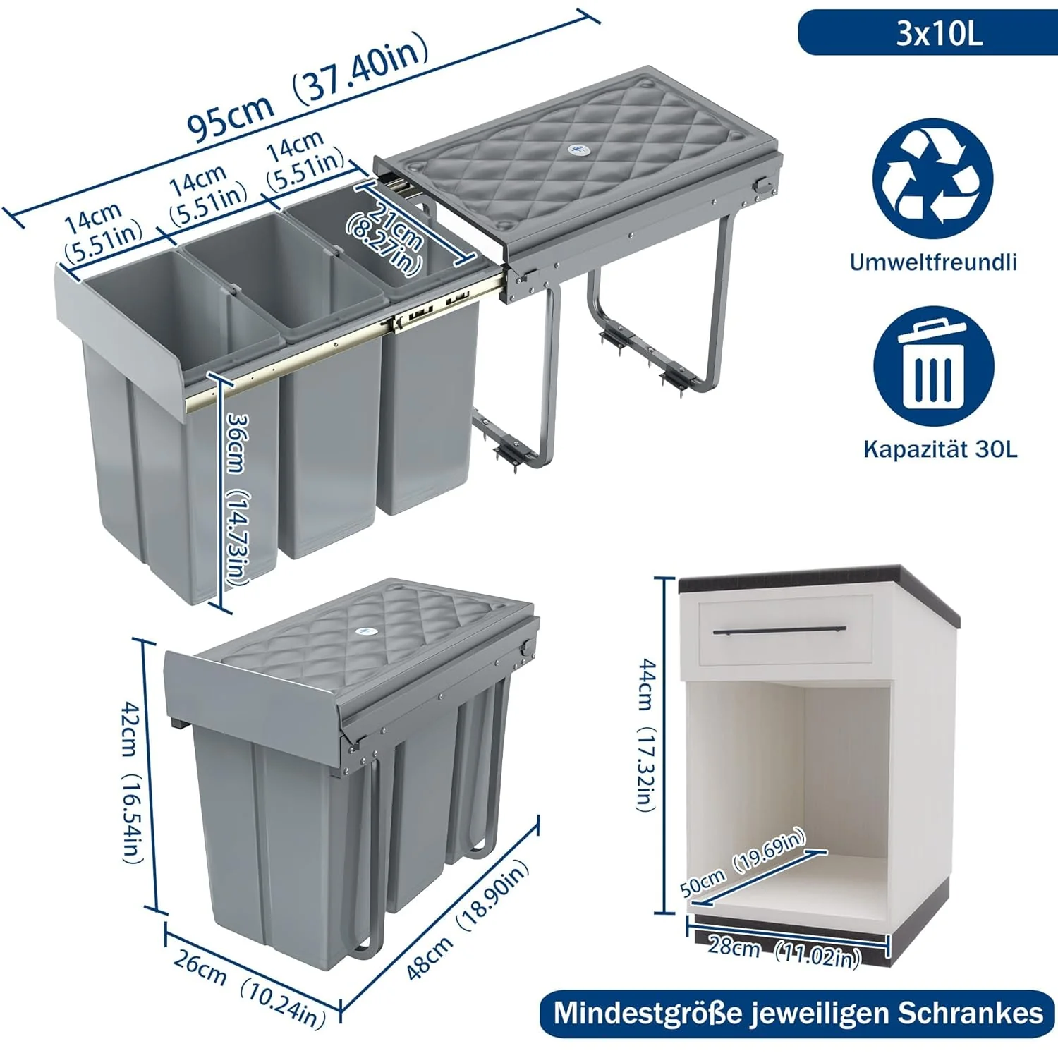 UISEBRT 3x10L Mülleimer Küche Unterschrank,Ausziehbar Mülltrennsystem mit Rutsche Kunststsoff,Einbau - Image 2