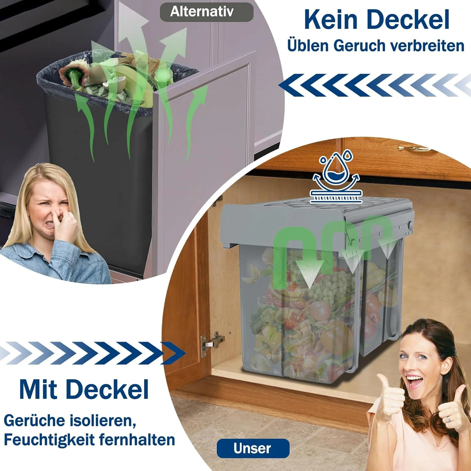 UISEBRT 3x10L Mülleimer Küche Unterschrank,Ausziehbar Mülltrennsystem mit Rutsche Kunststsoff,Einbau - Image 5