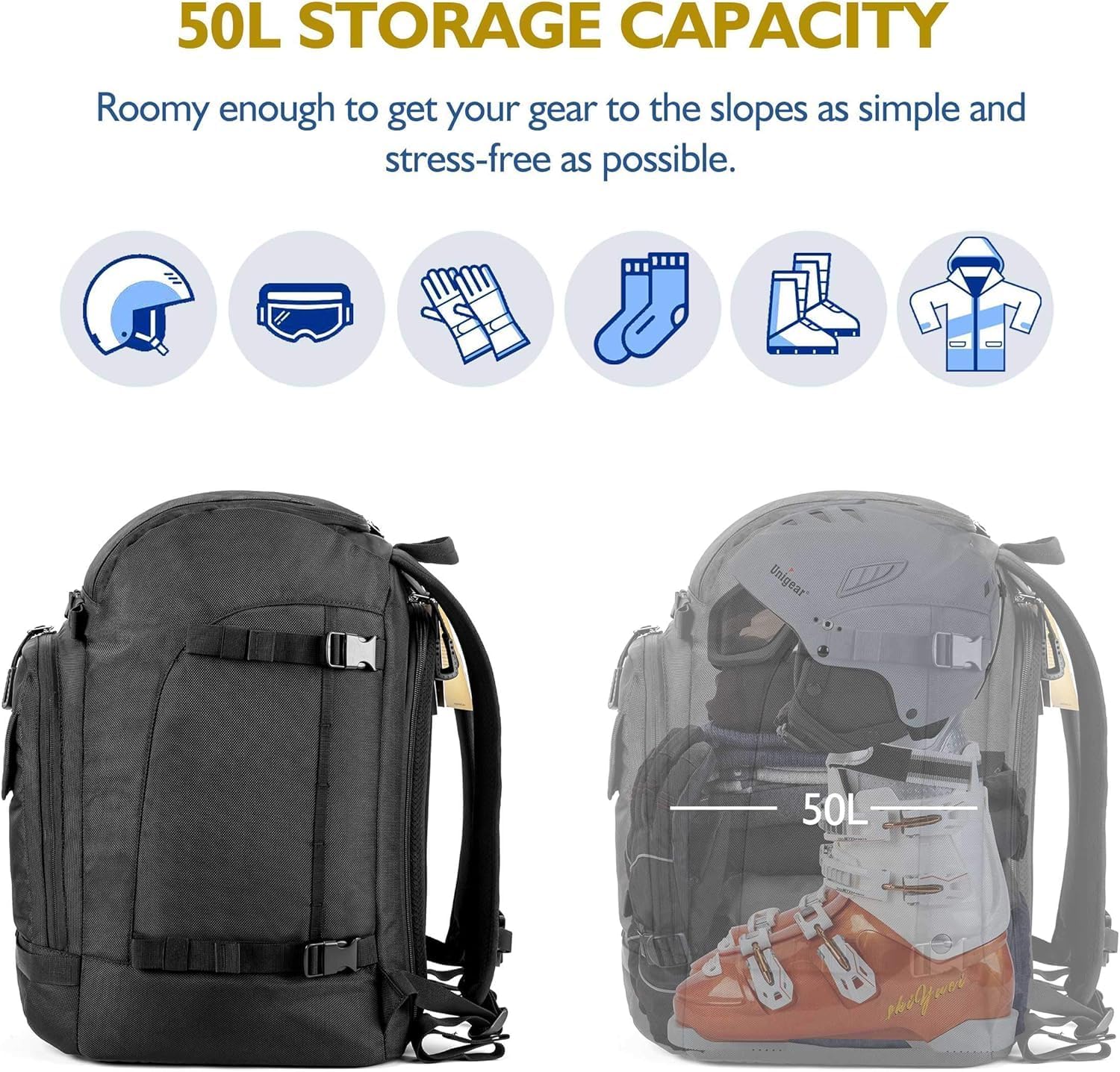 Unigear 50L/70L Skischuhrucksack Snowboardschuhe mit Helmtasche Wintersport Skifahren Skating Rucksa - Image 3