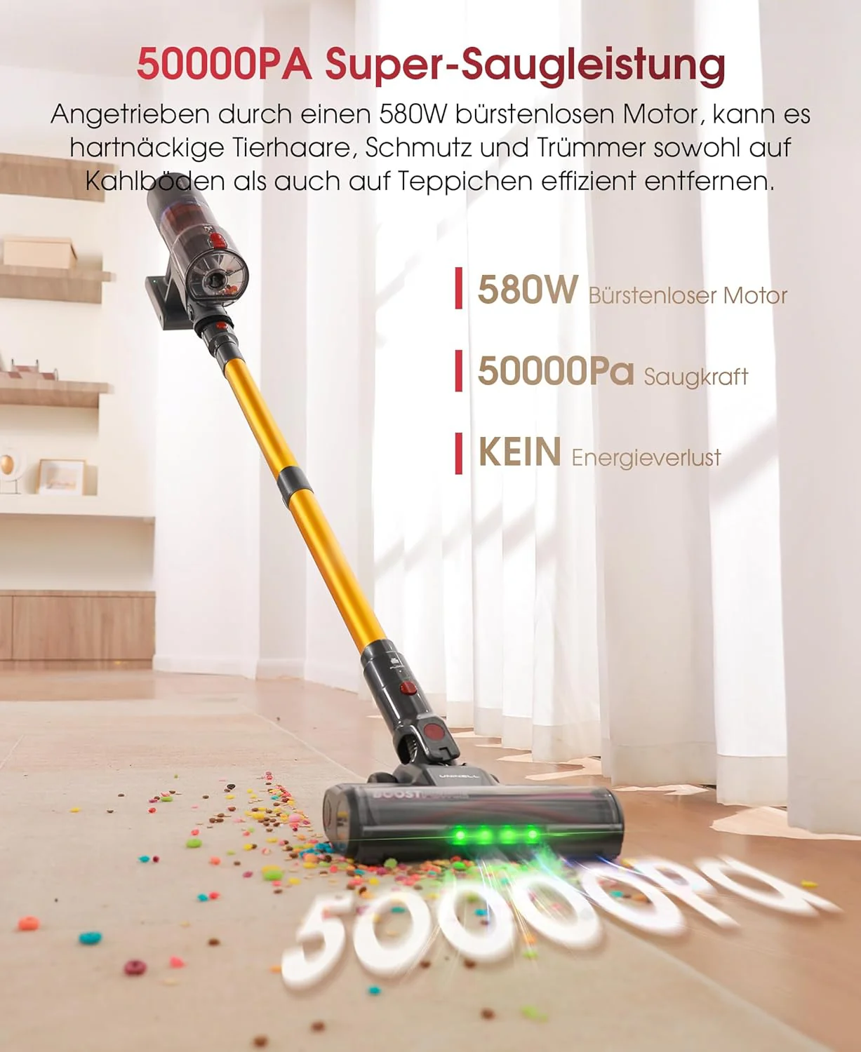 UNINELL HOME Akku Staubsauger 50000Pa/580W/70Min Upgrade, Staubsauger Kabellos Selbstladender mit LE - Image 4