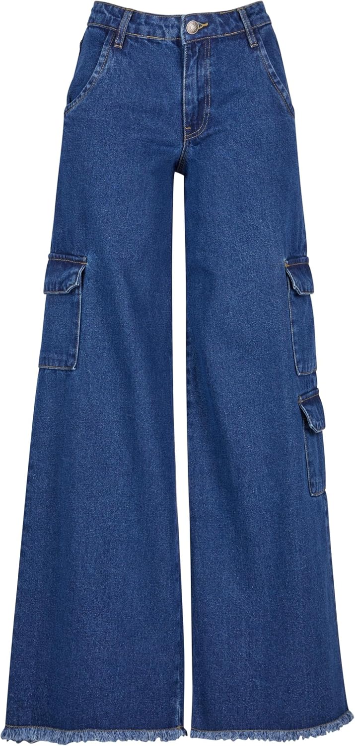 Urban Classics Ladies Mid Waist Cargo Denim Pants Frauen Cargohose schwarz Basics 26 Mid Indigo Wash - Image 6