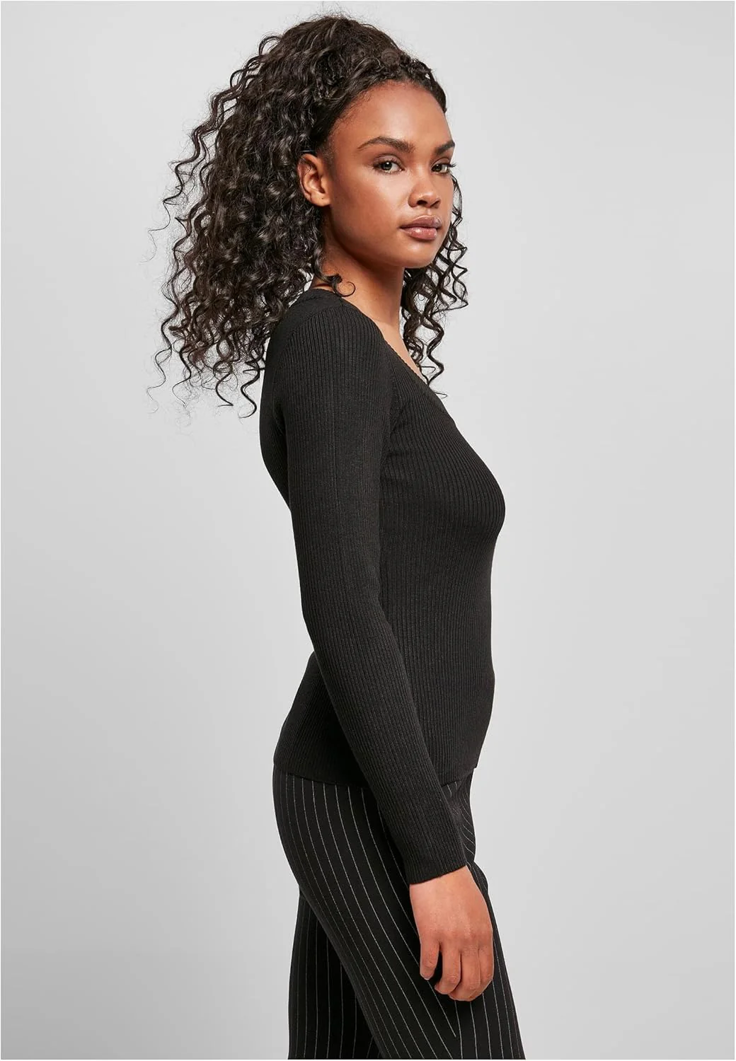 Urban Classics Ladies Wide Neckline Sweater Frauen Sweatshirt schwarz Basics, Streetwear XS Schwarz, - Image 8