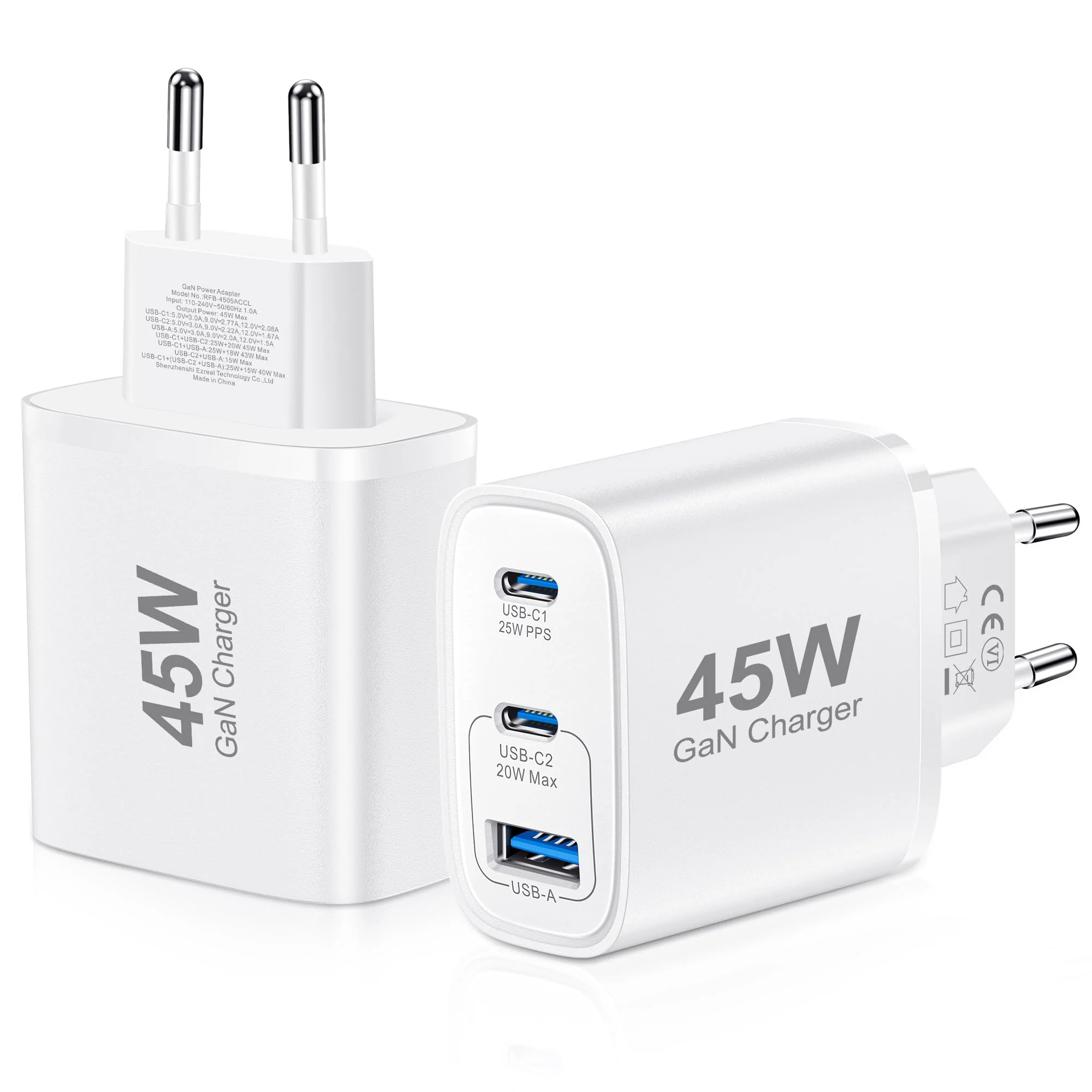 USB C Ladegerät 45W GAN 2er-Pack Netzteil für Samsung Galaxy S25/S24/S23/S22/S21 iPhone 16 15 14 Pro
