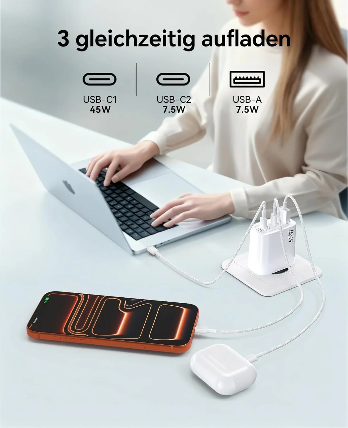 USB C Ladegerät 65W 3-Port,USB-C Netzteil Charger PPS 60W Schnellladegerät PD Ladestecker, kompatibe - Image 3