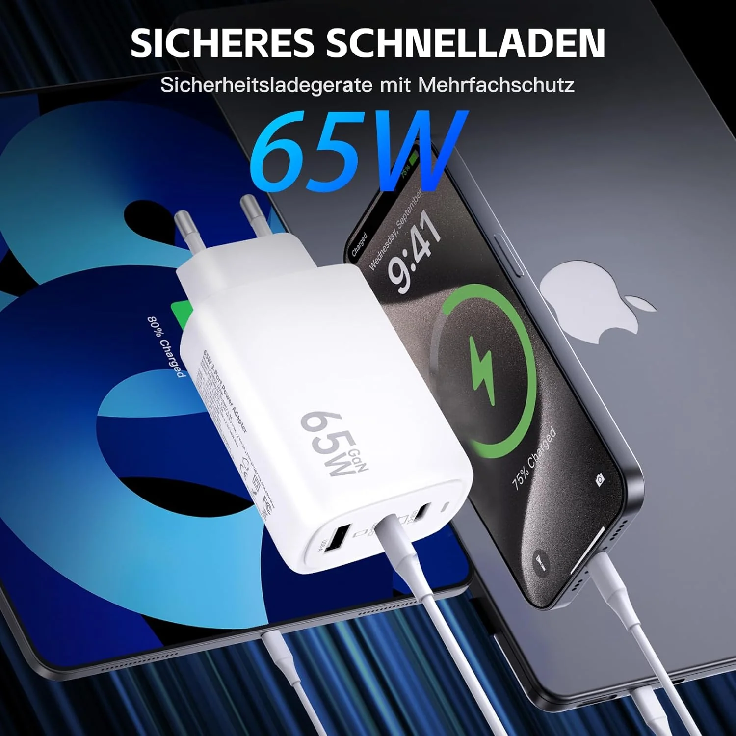 USB C Ladegerät 65W 3 Ports Mehrfach Stecker PD Schnellladegerät mit USB A und USB C Netzteile, USB - Image 3