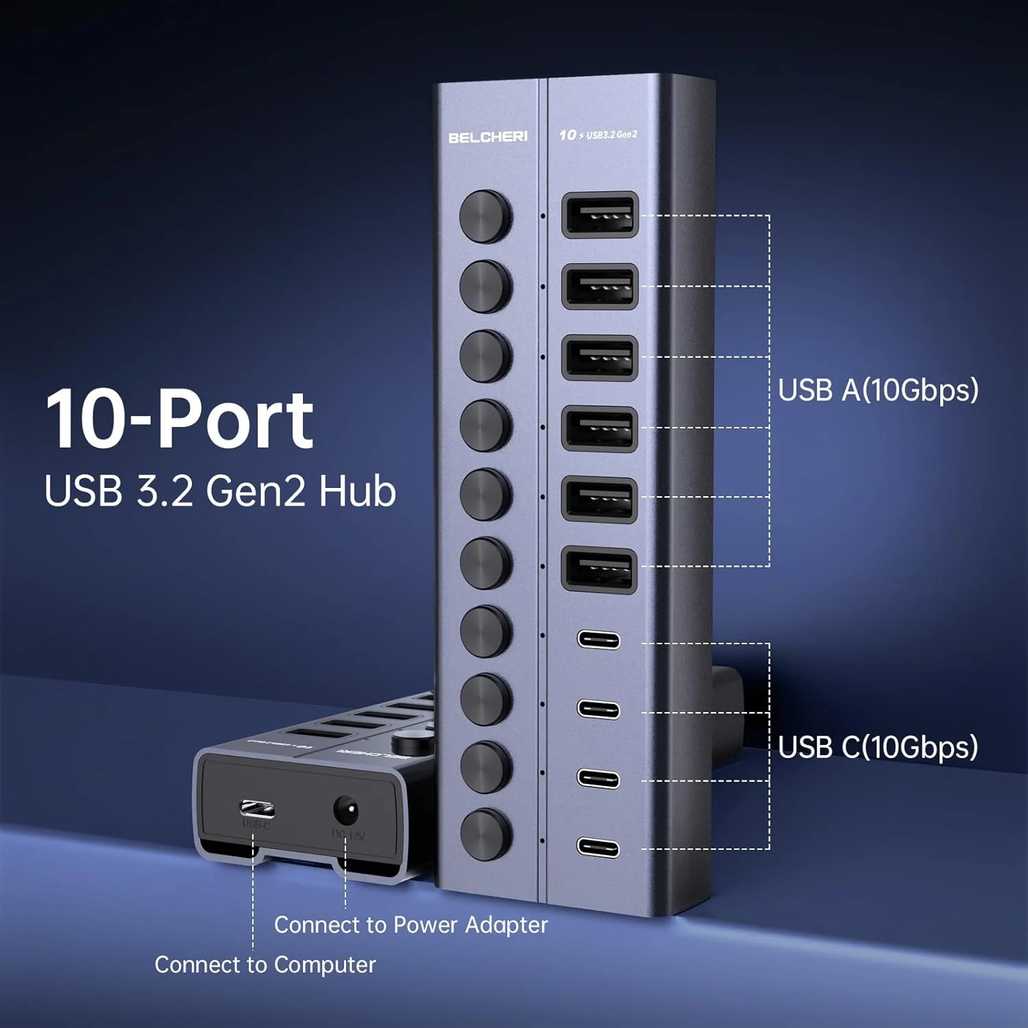 USB Hub mit Netzteil, 10-Port USB 3.2 Gen 2 10Gbit/s Aktiv Hub, Vollaluminium mit 60W (12V 5A) Power - Image 2