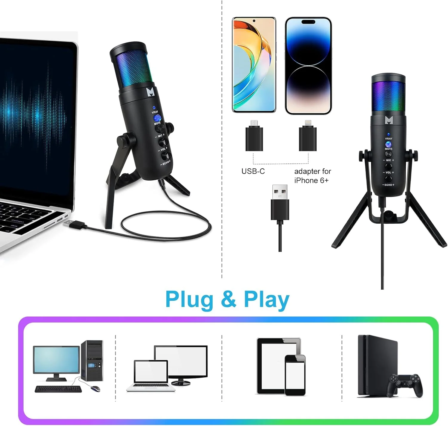 USB Mikrofon PC, Gaming Mikrofon für Streaming Podcast Voiceover, USB C Kondensator Mikrofon mit RGB - Image 7