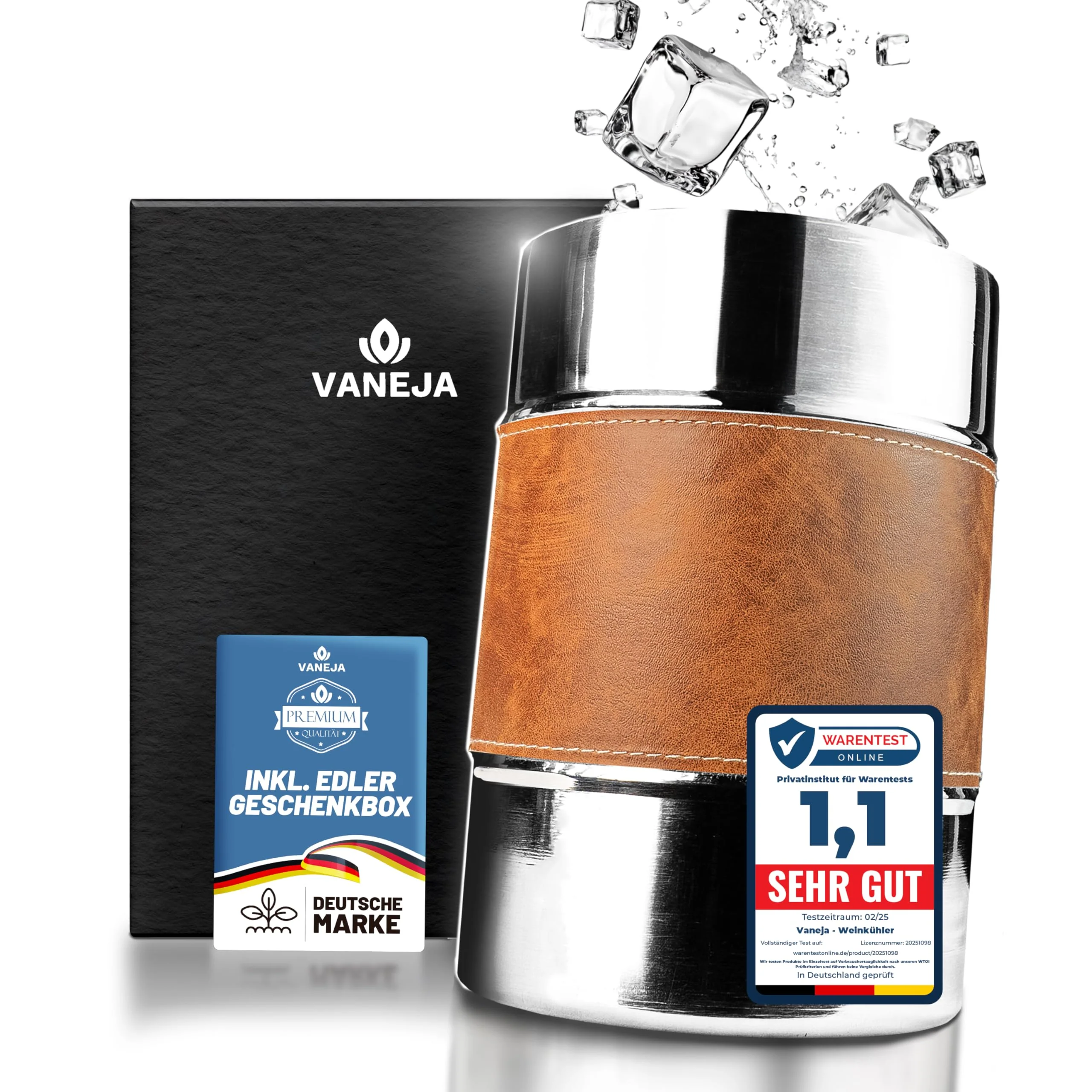 VANEJA Premium Weinkühler aus Edelstahl, Ø12 x 18 cm – Flaschenkühler & Sektkühler mit PU-Leder – Ch