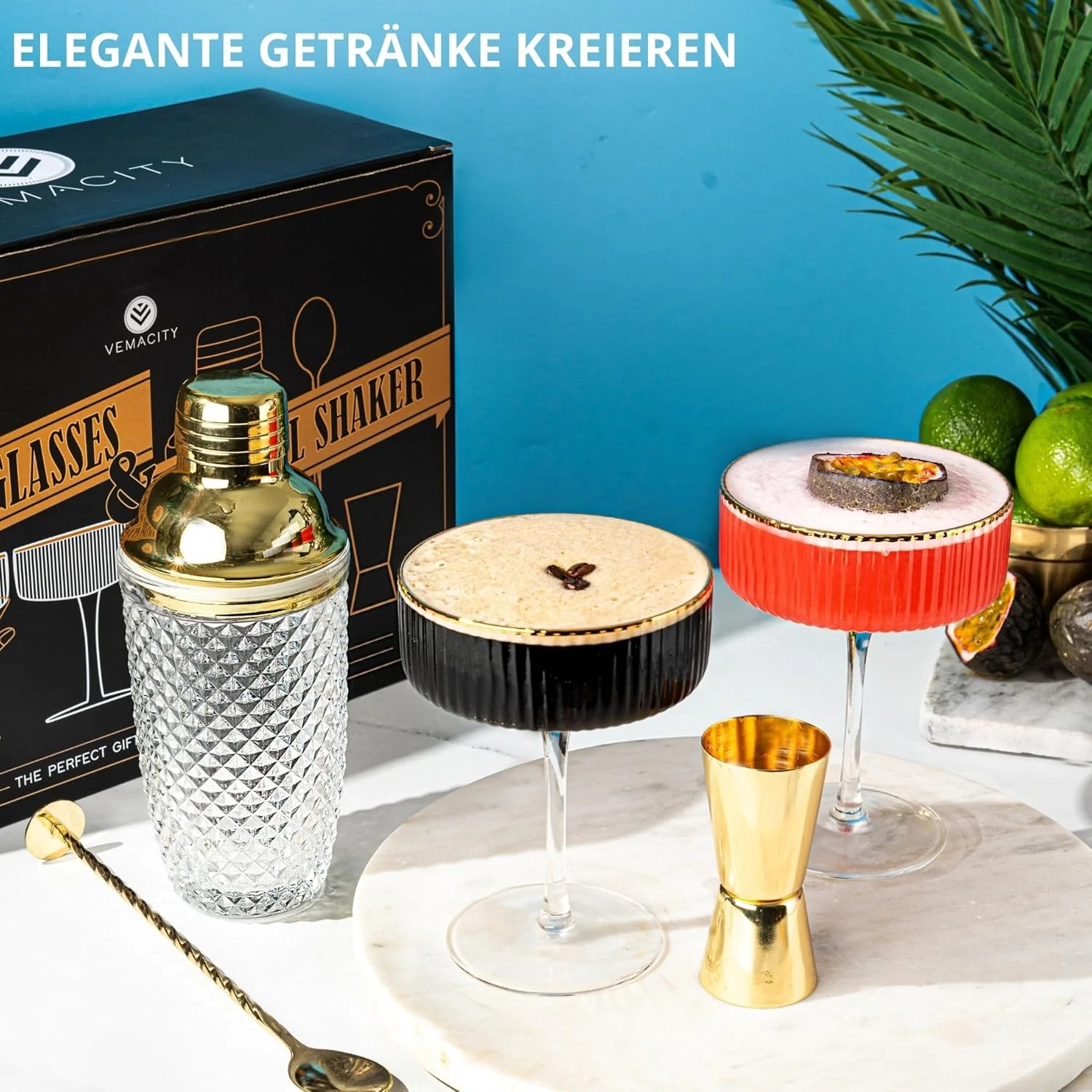 Vemacity Cocktail Set - Glas Cocktail Shaker mit Sieb 450ml | Ink. 2 x Martini Gläser mit Goldrand G - Image 4
