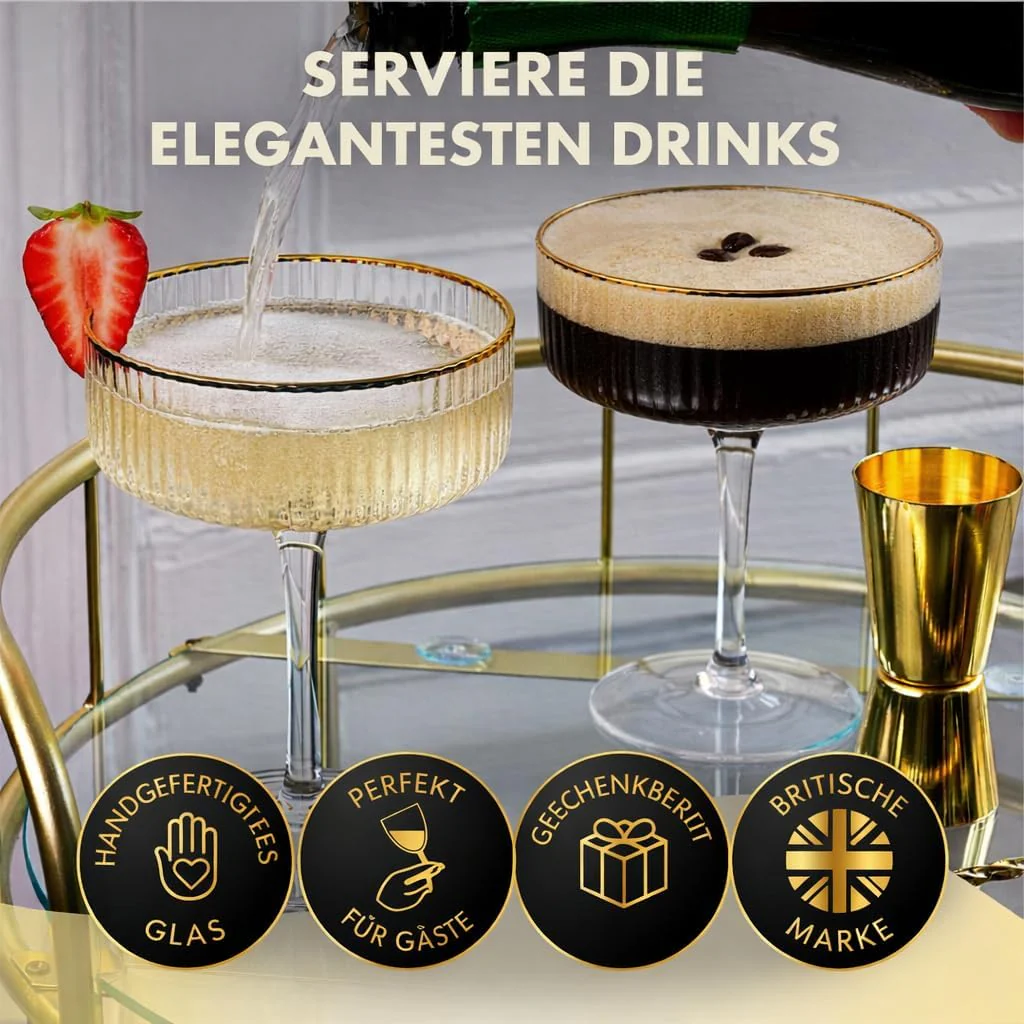 Vemacity Cocktail Set - Glas Cocktail Shaker mit Sieb 450ml | Ink. 2 x Martini Gläser mit Goldrand G - Image 5