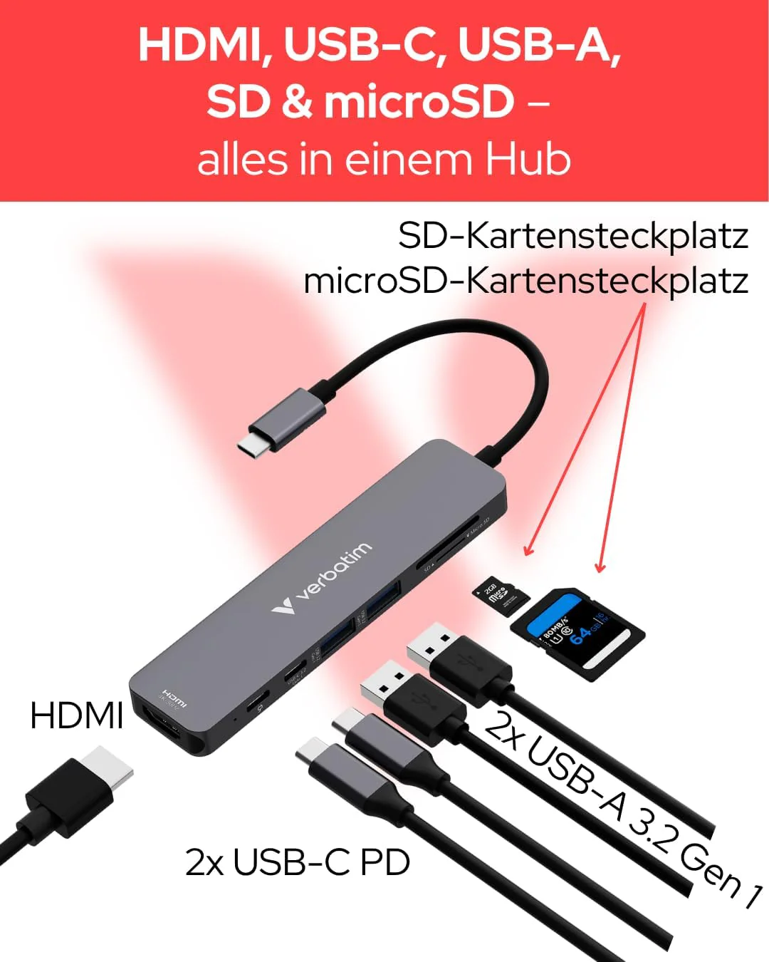 Verbatim USB-C Essentials Multiport Hub, 7 Anschlüsse: HDMI, USB-C 3.2 Gen 1, USB-C PD bis 100W, 2× - Image 3