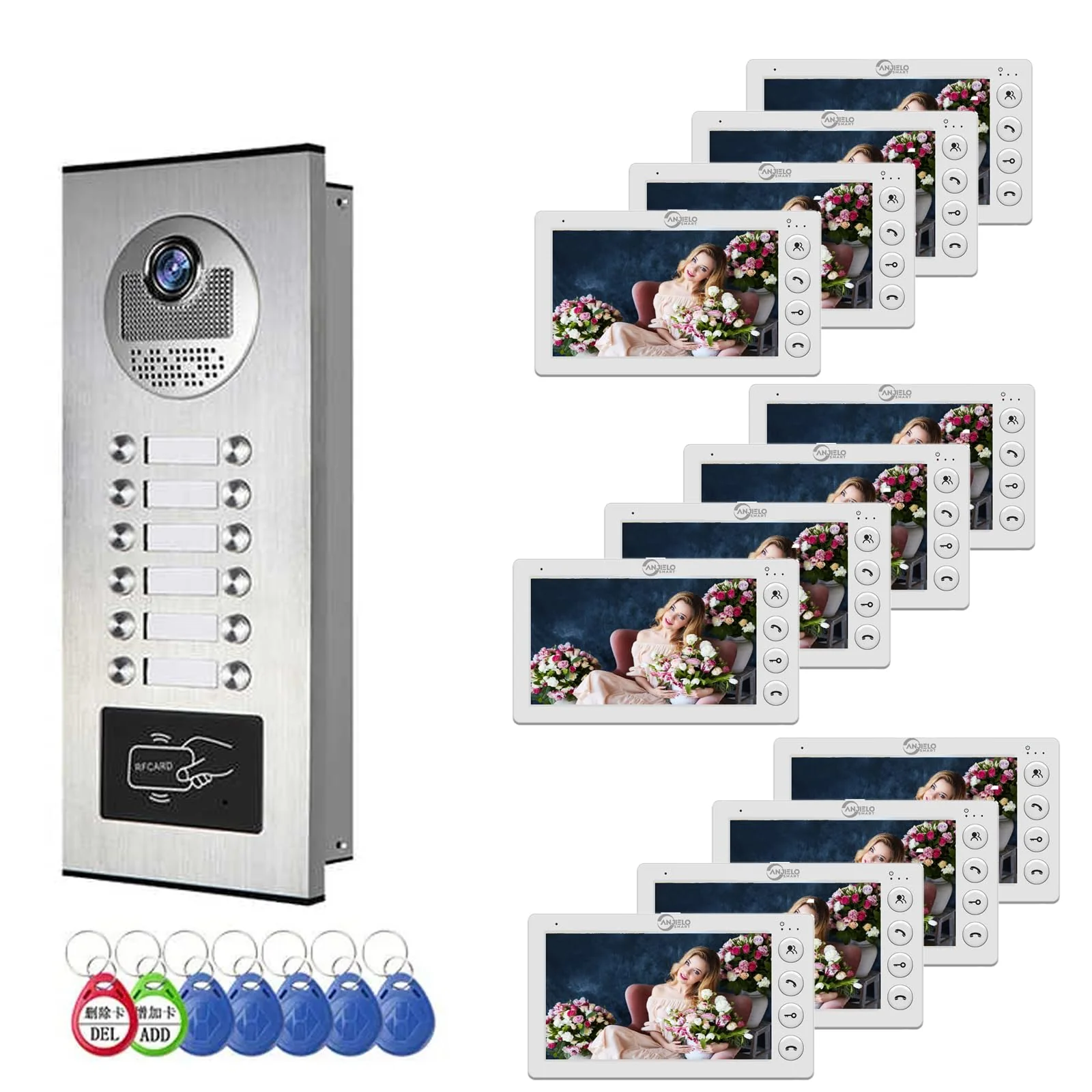 Verdrahtete Video-Sprechanlage für Wohnungen, 12 Einheiten 7-Zoll-Monitor-Video-Türsprechanlage, Ind