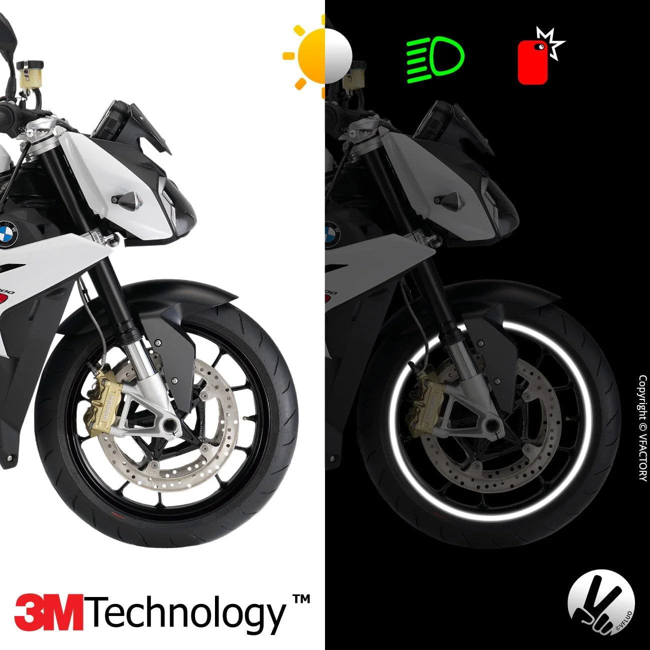 VFLUO - Kit Reflektierende Felgenrandaufkleber Motorrad, Aufkleber für 1 Rad 3M™-Technologie™, 360°- - Image 2