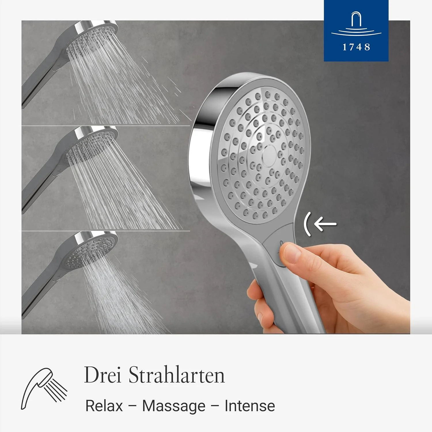 Villeroy & Boch Verve Showers Duschkopf, Handbrause mit 3 Strahlarten auf Knopfdruck wechselbar, Eas - Image 3