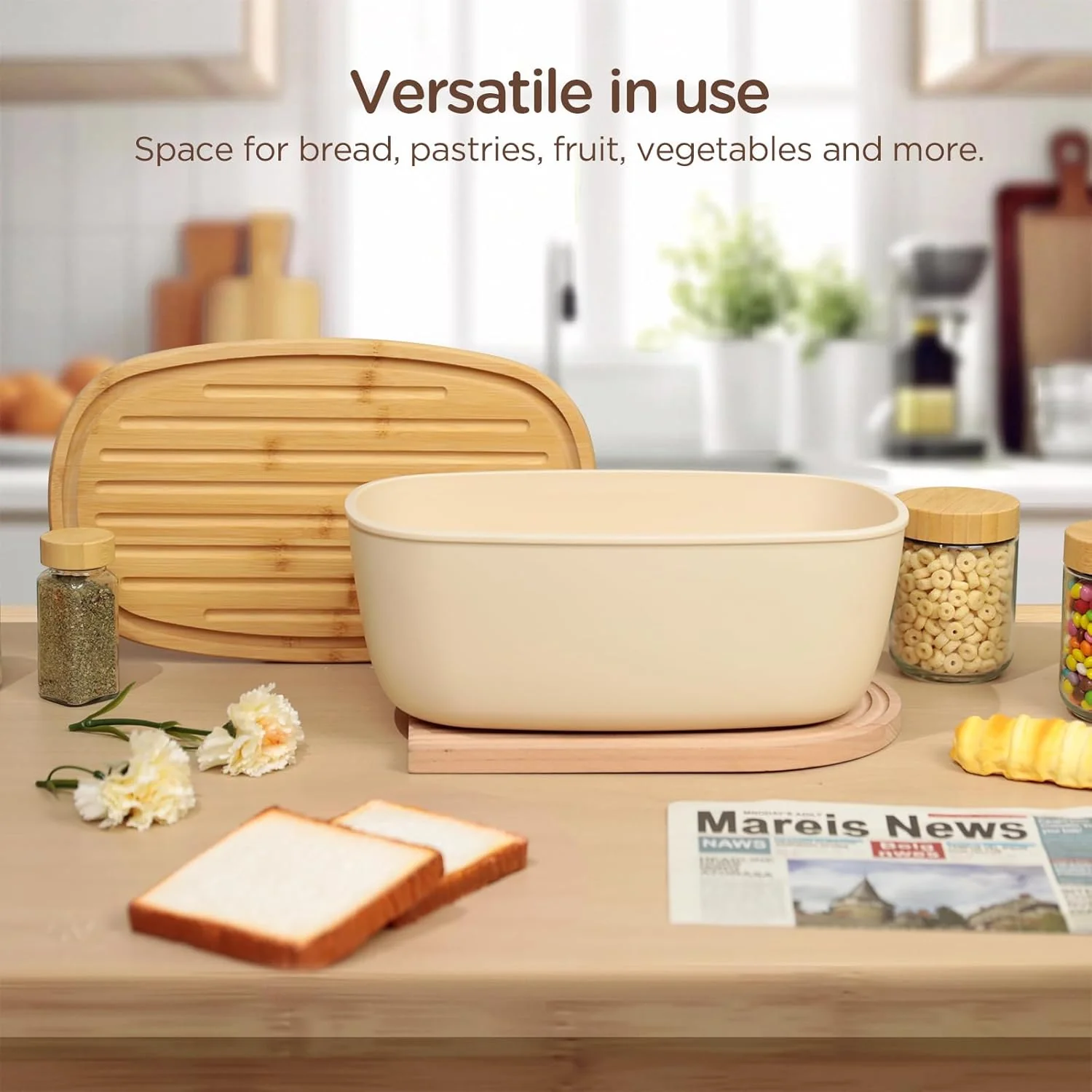 VINATO Brotkasten mit Schneidebrett, 37x22,5x14cm (6L), Brotdose mit hochwertigem Bambusdeckel & Bro - Image 4