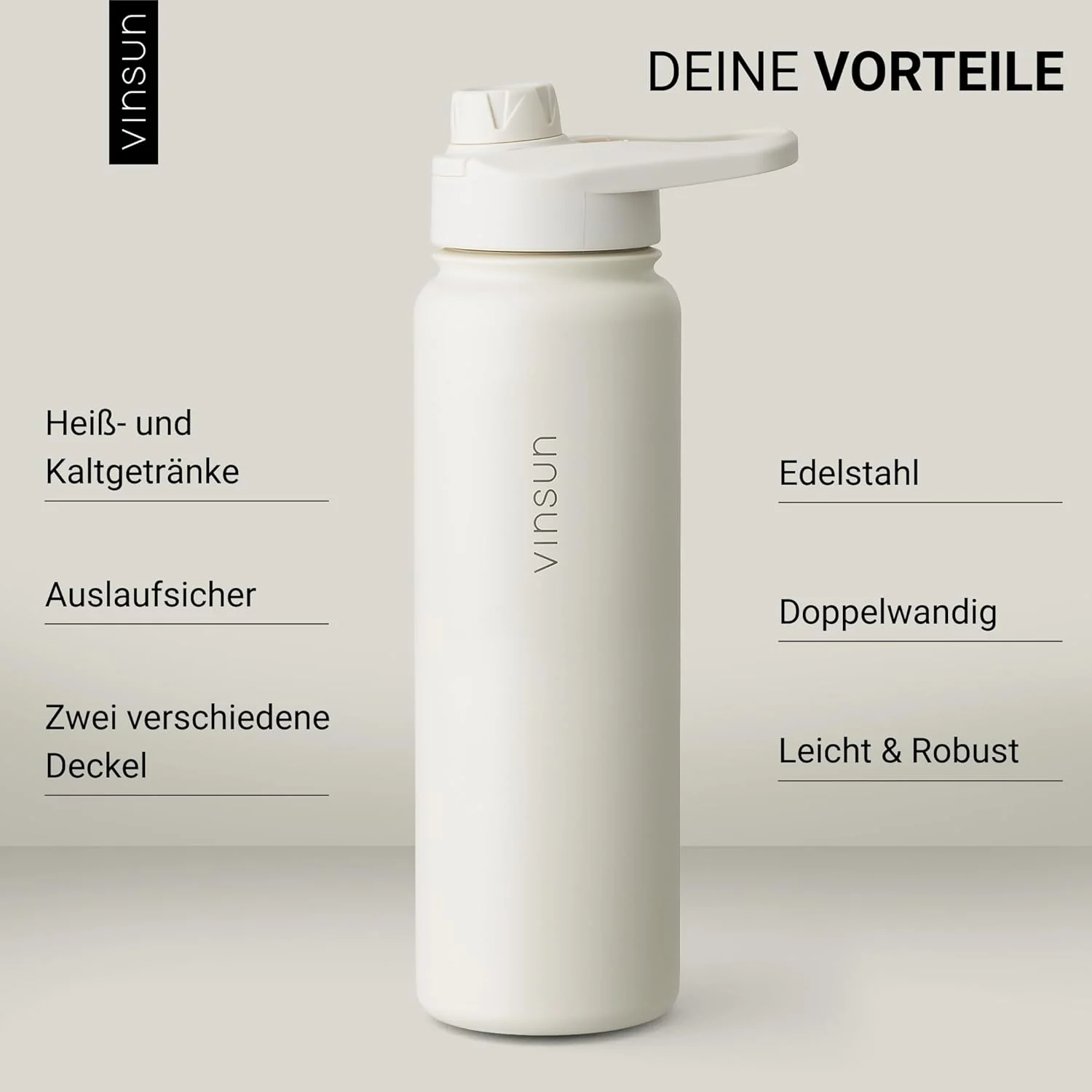 Vinsun Trinkflasche Edelstahl creme 750ml - auslaufsicher, Kohlensäure geeignet, BPA frei - Strohhal - Image 2