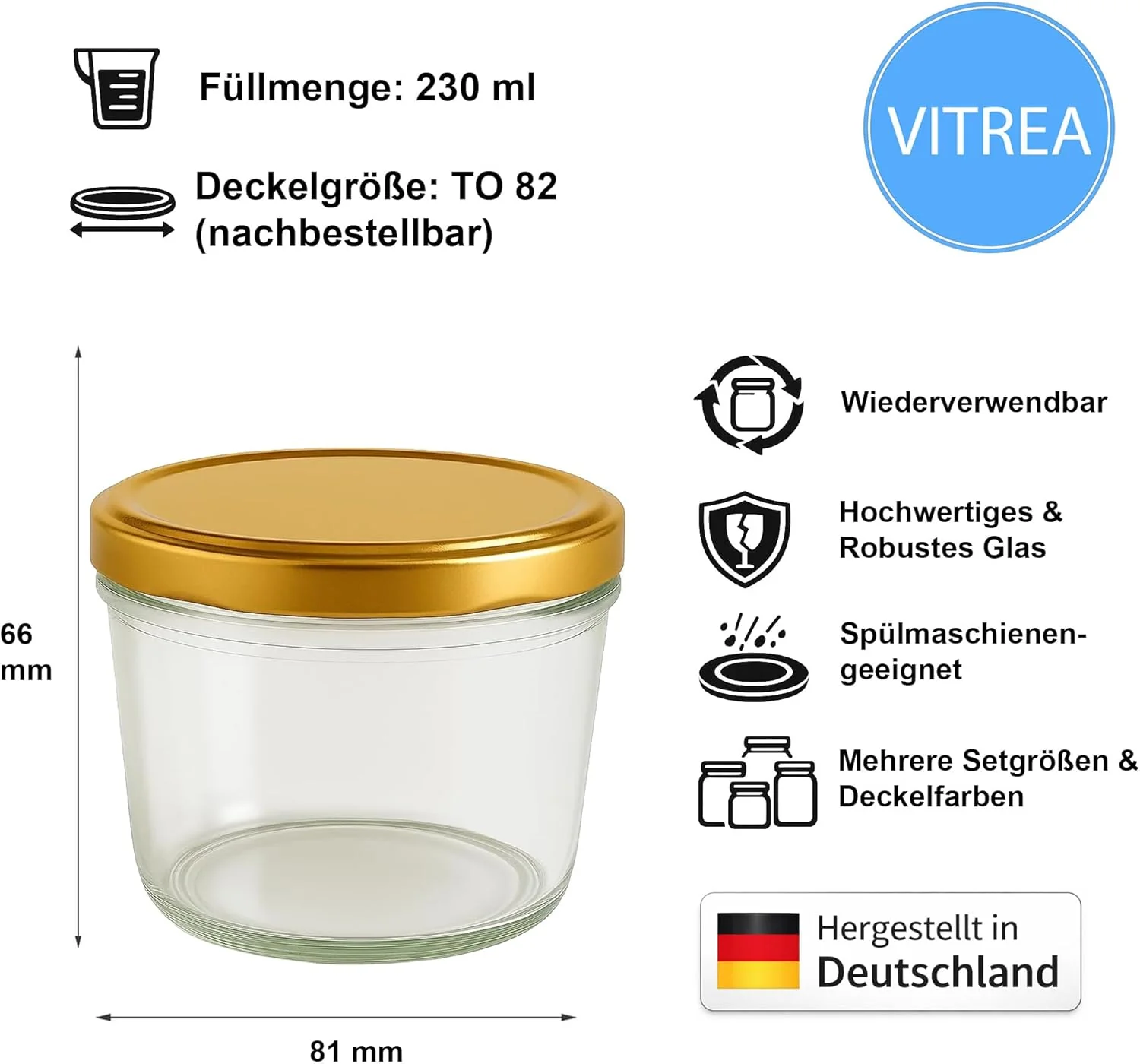 Vitrea 100x Marmeladengläser 230 ml - mit Deckel Gold TO 82 - Einmachgläser zum befüllen mit Schraub - Image 2