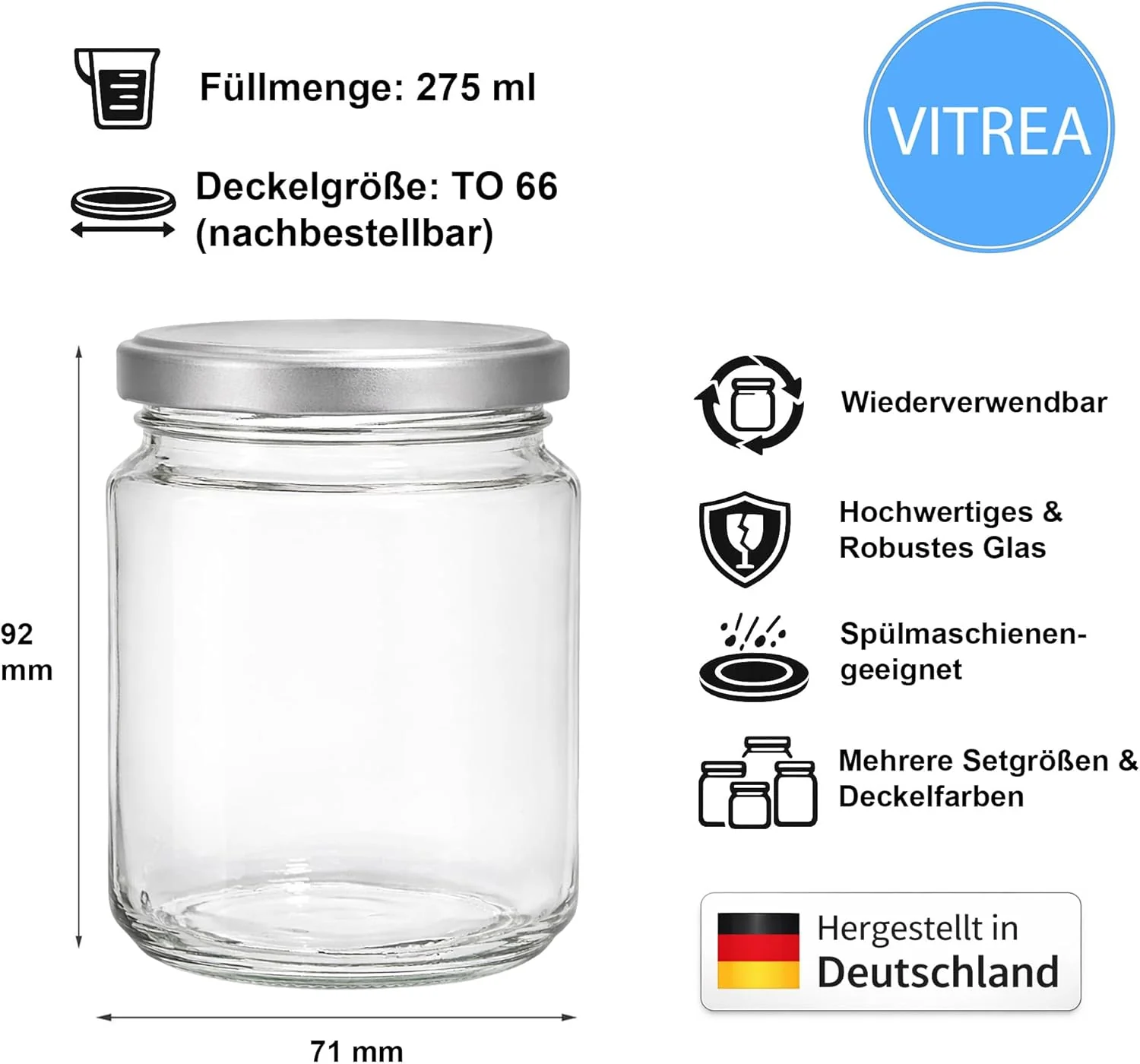Vitrea 12x Marmeladengläser 275 ml - mit Deckel Silber TO 66 - Einmachgläser zum befüllen mit Schrau - Image 2