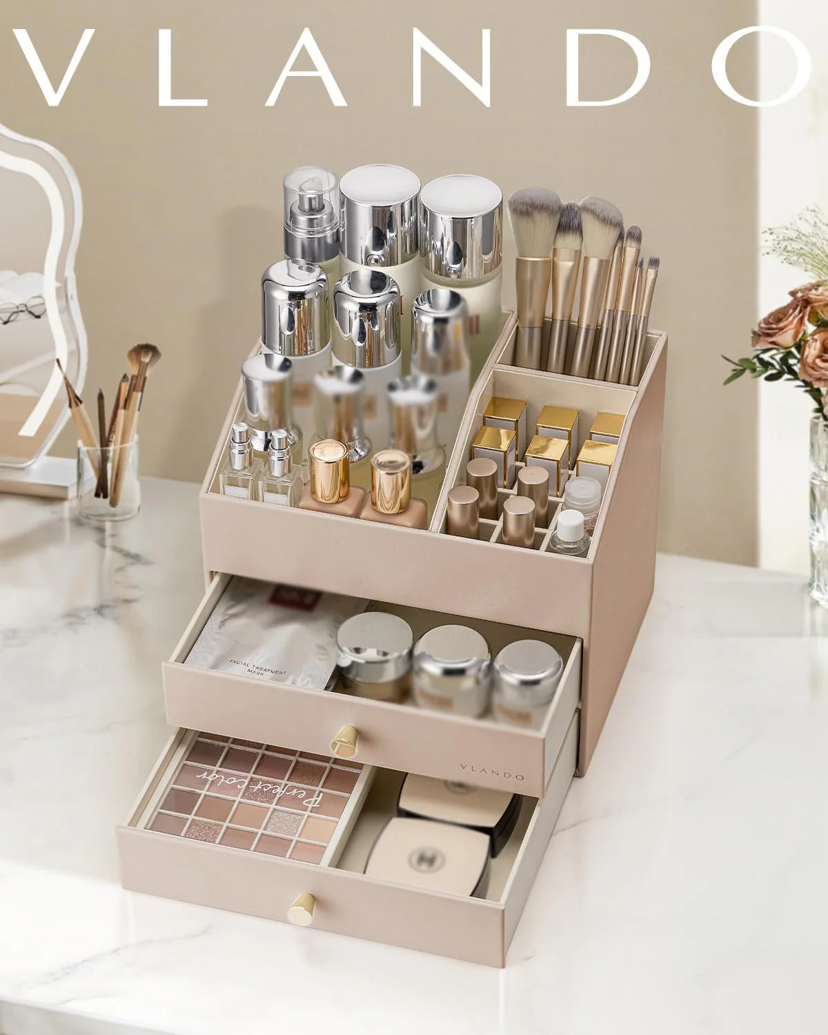 VLANDO Make up Organizer mit 3 Schubladen, Schminktisch Kosmetik Skincare Parfüm Organizer, für Bade - Image 7