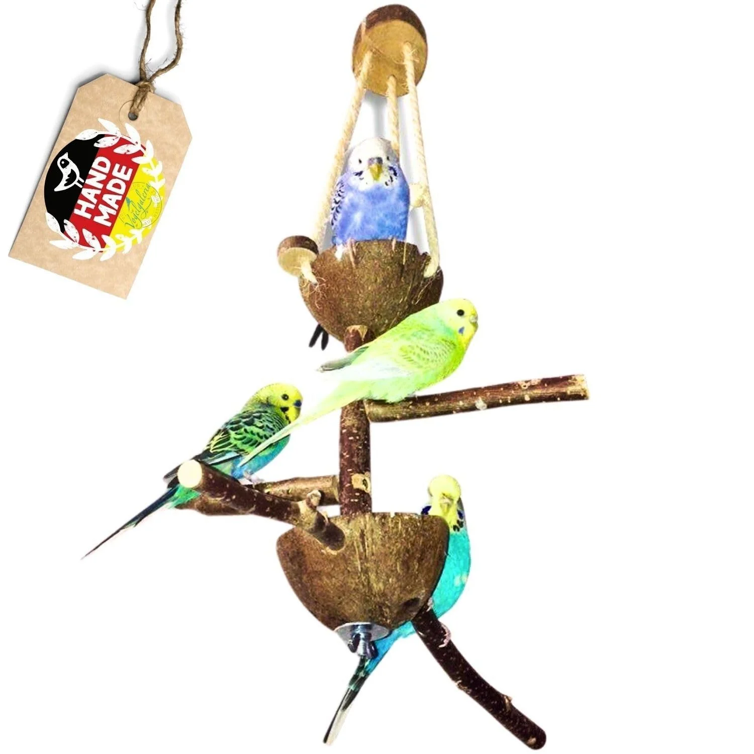 Vogelgaleria® Vogelspielplatz mit Sitzstangen aus Naturholz und zwei Futterschalen aus Kokosnuss | F
