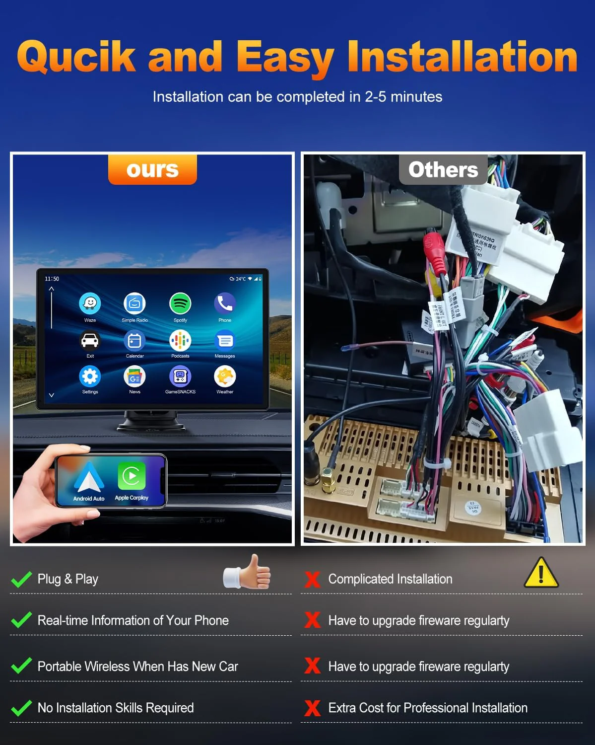 Volam 9 Zoll CarPlay Bildschirm mit AppIe Carplay und Android Auto Tragbares Autoradio Kompatibel mi - Image 8