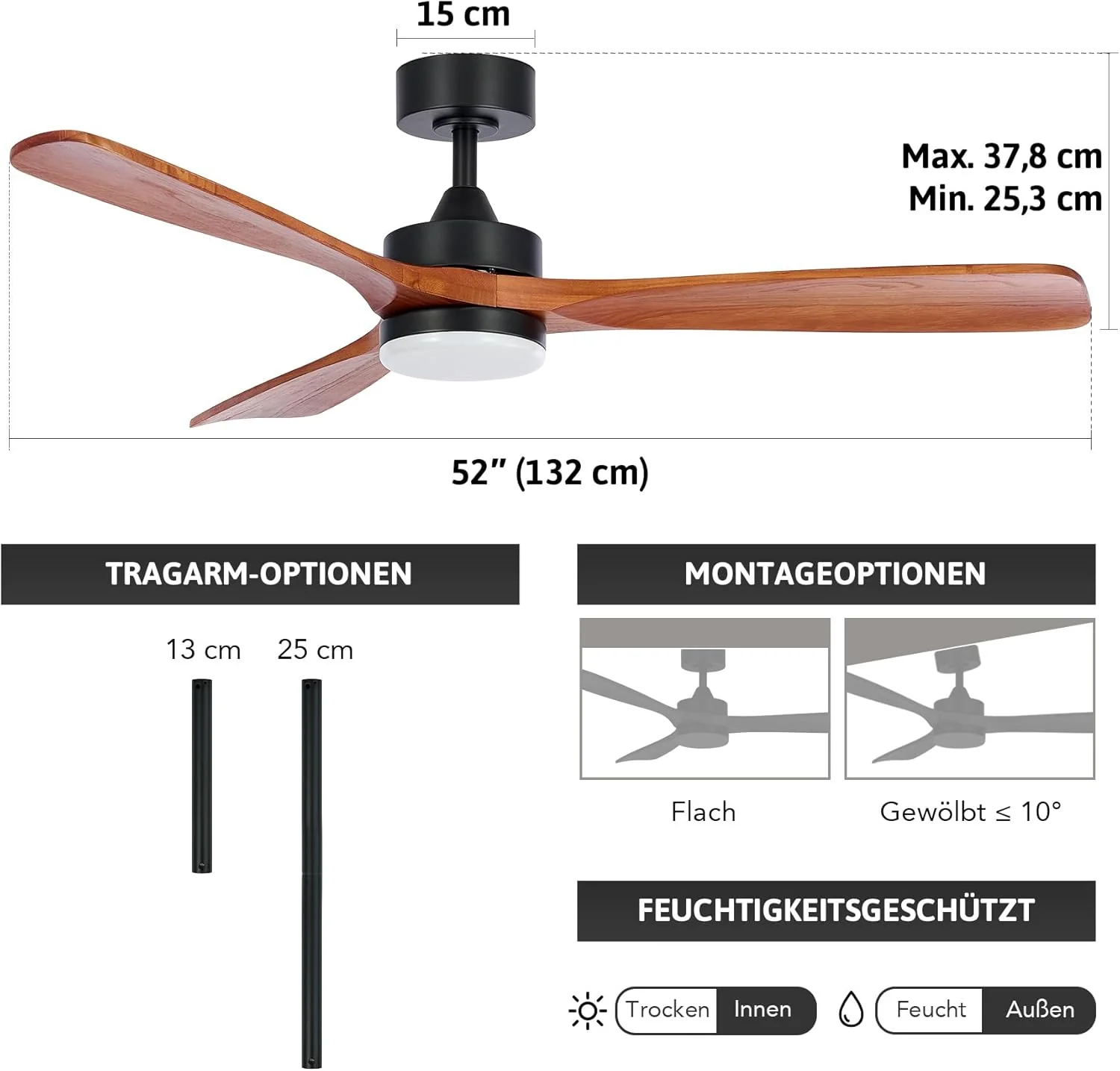 VONLUCE Deckenventilator mit Fernbedienung 52 Zoll Holz Ventilator LED-Leuchte Sommer&Winter-Betrieb - Image 7