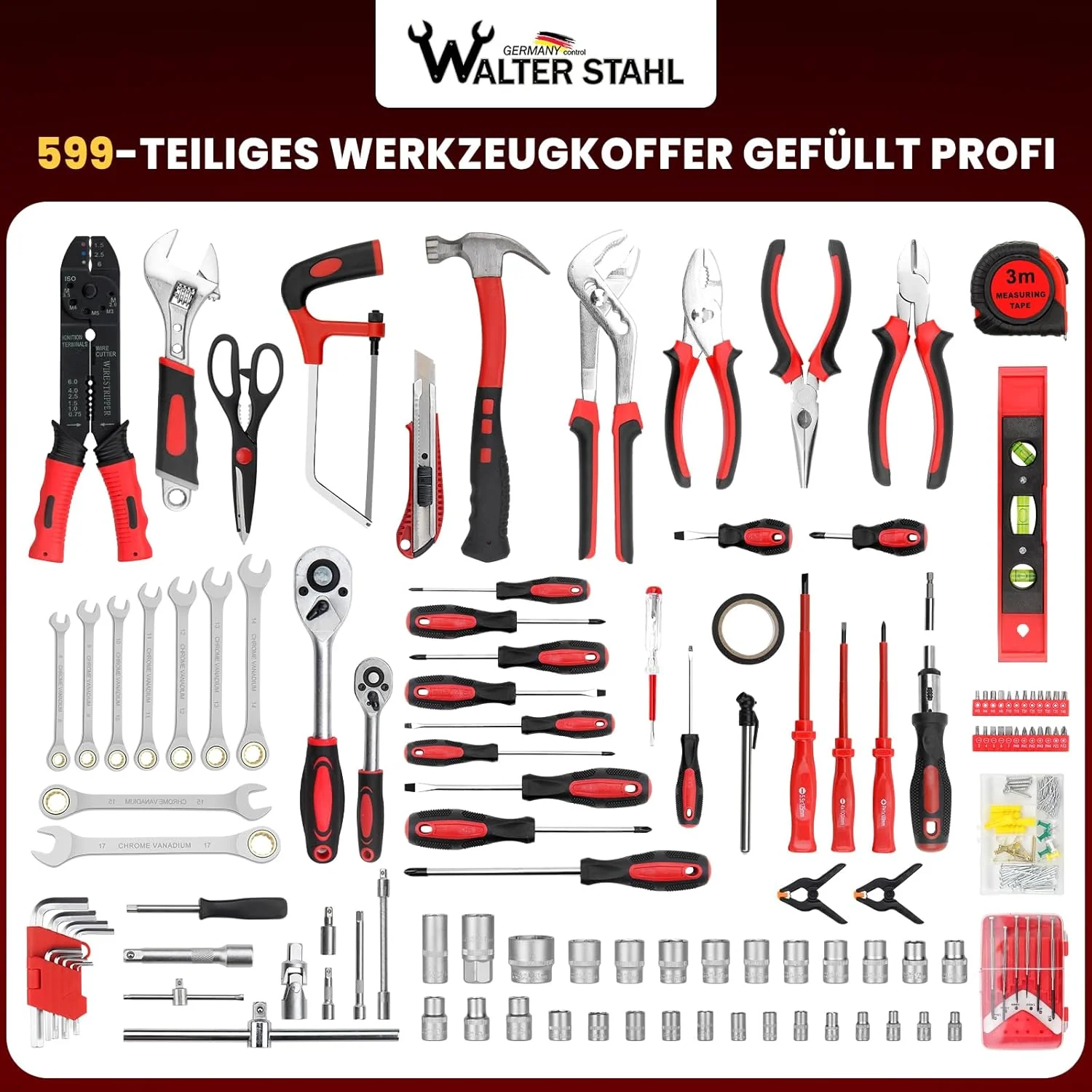 WALTER STAHL Werkzeugkoffer gefüllt 599 tlg | Werkzeugkasten | Aluminiumkoffer | Werkzeug Set | für - Image 6