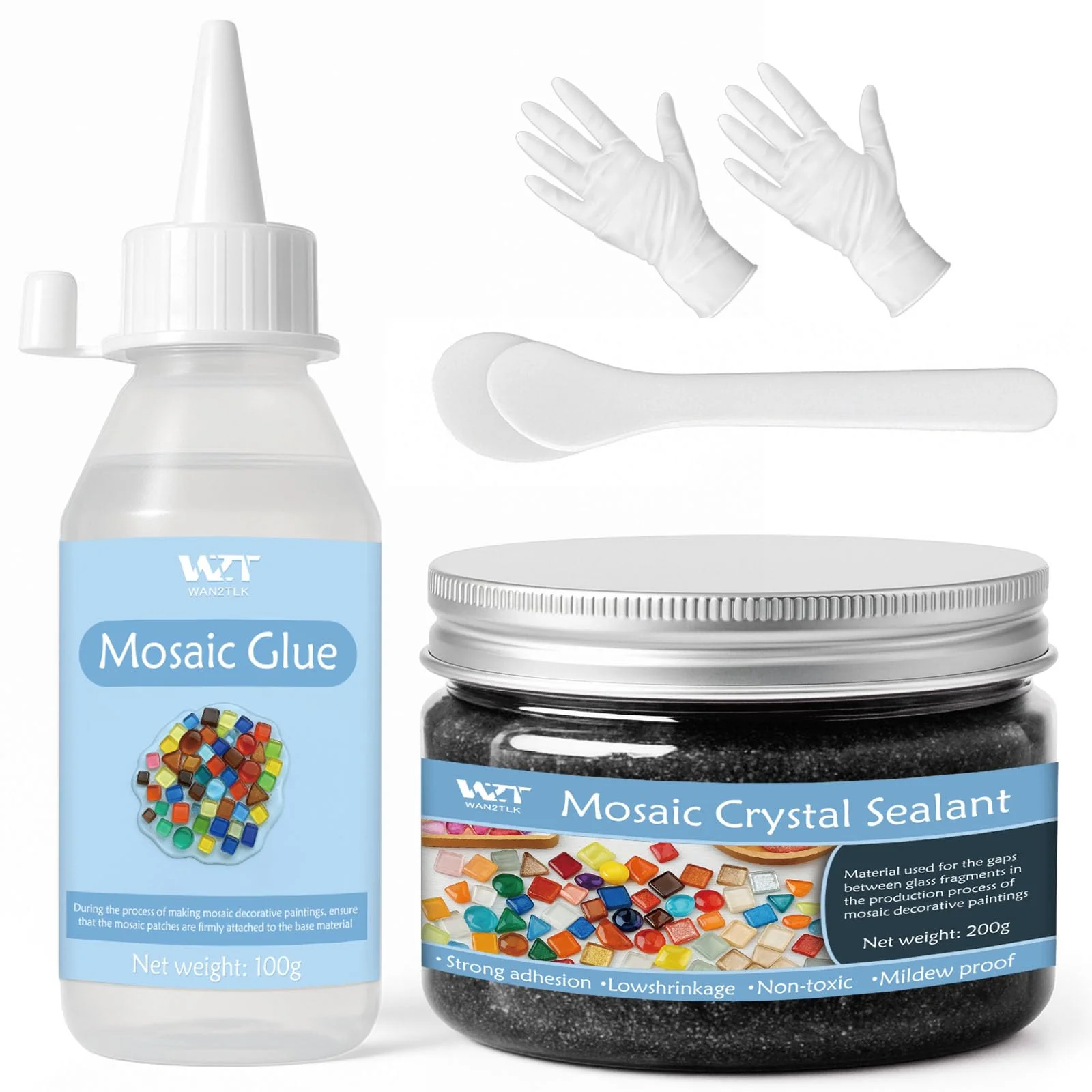 WAN2TLK Mosaik-Bastelset, Mosaikkleber und Fugenmasse, Applikator, Handschuhe, für Mosaikfliesen, Gl
