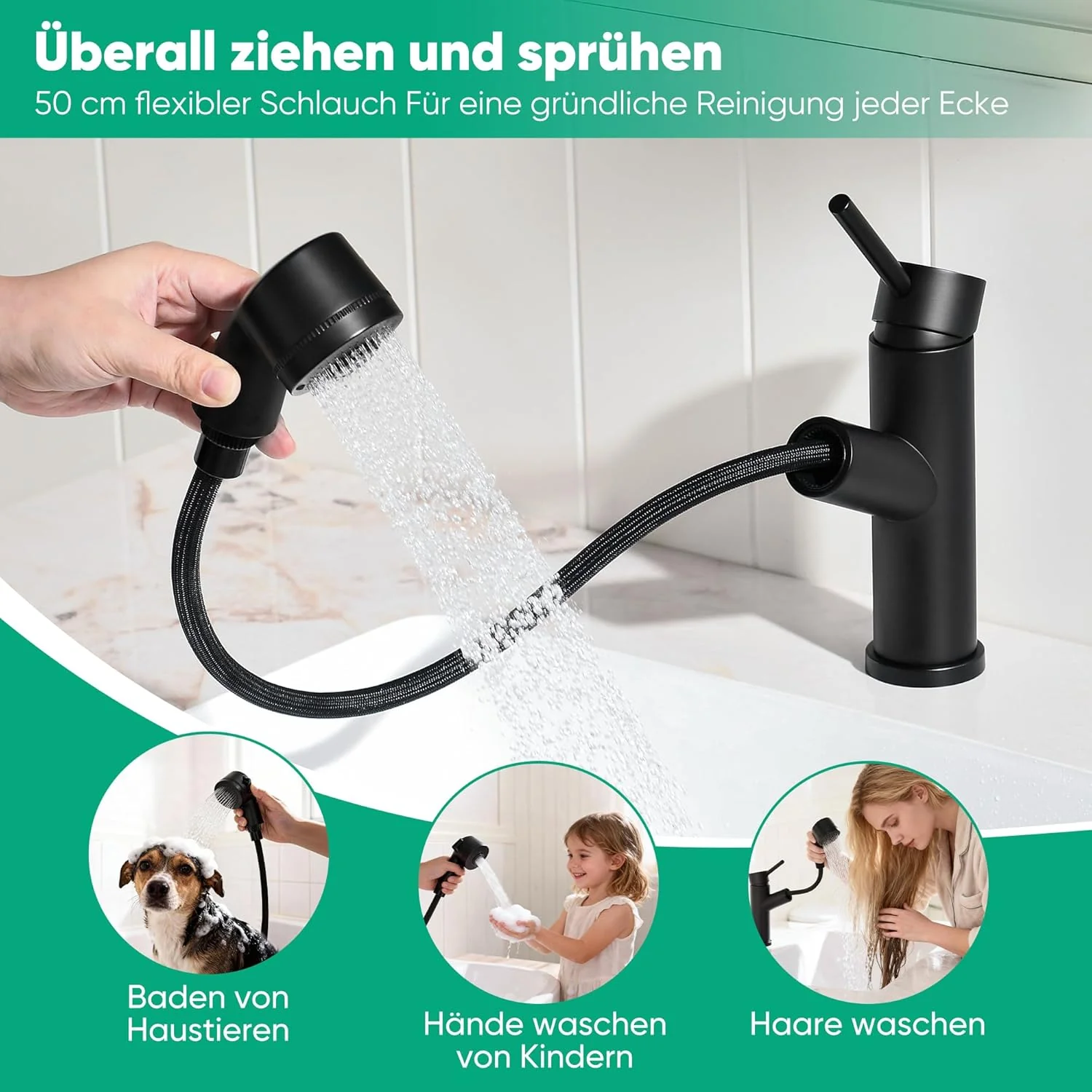 Waschbeckenarmatur mit ausziehbarer Brause Edelstahl-Wasserhahn bad mit Warm- und Kaltwassermischer - Image 3