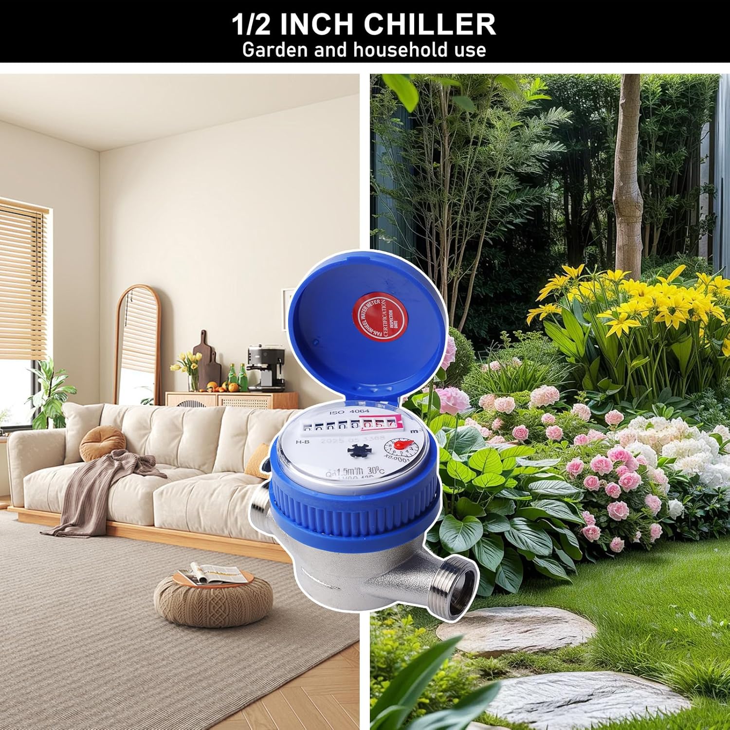 Wasserzähler Garten, 1/2 Zoll Geeicht Kalt Wasseruhr Haushalt Kaltwasserzähler mit Armaturen und Sch - Image 4
