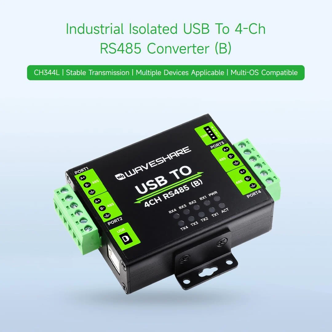 Waveshare Industrial Isolated USB to 4-Ch RS485 Converter (B), CH344L Chip, Multi Protection Circuit - Image 3