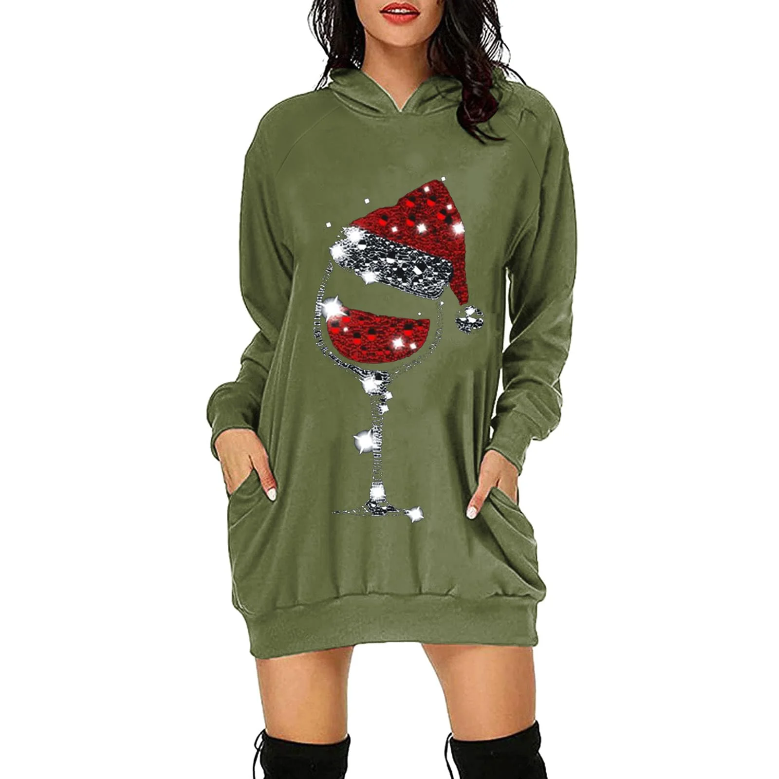 Weihnachtskleid Damen Hoodie Langarm Hoodie Kleid Sweatkleid Long Kapuzen Sweatshirt Kleider Pullove