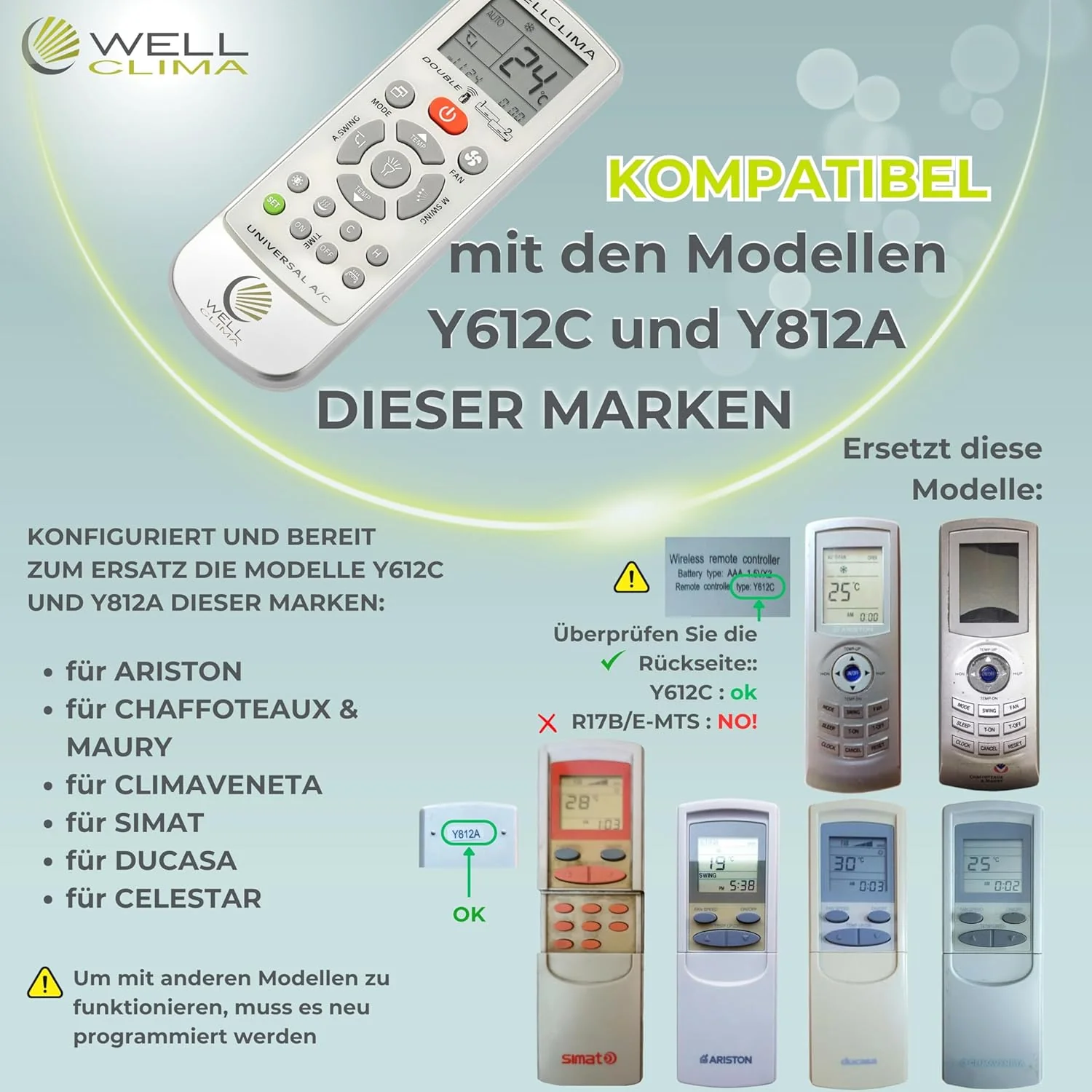 Wellclima Ersatz-Fernbedienung für Klimaanlage für Y612C und Y812A – konfiguriert und einsatzbereit - Image 2