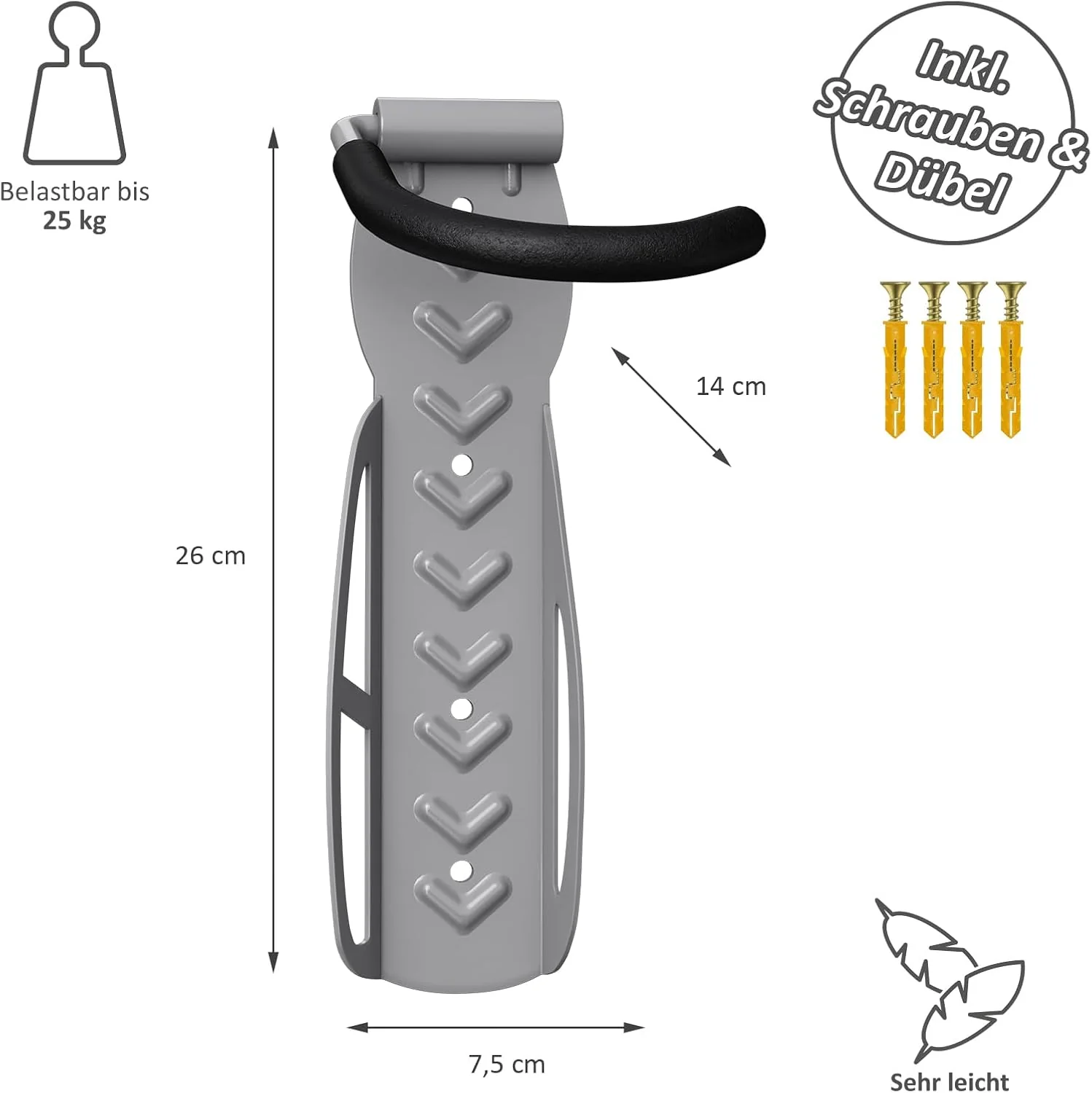 WELLGRO 4X Wand Fahrradhalter - Stahl Fahrrad Wandhalterung - Fahrrad Haken - Fahrradständer, hellgr - Image 3