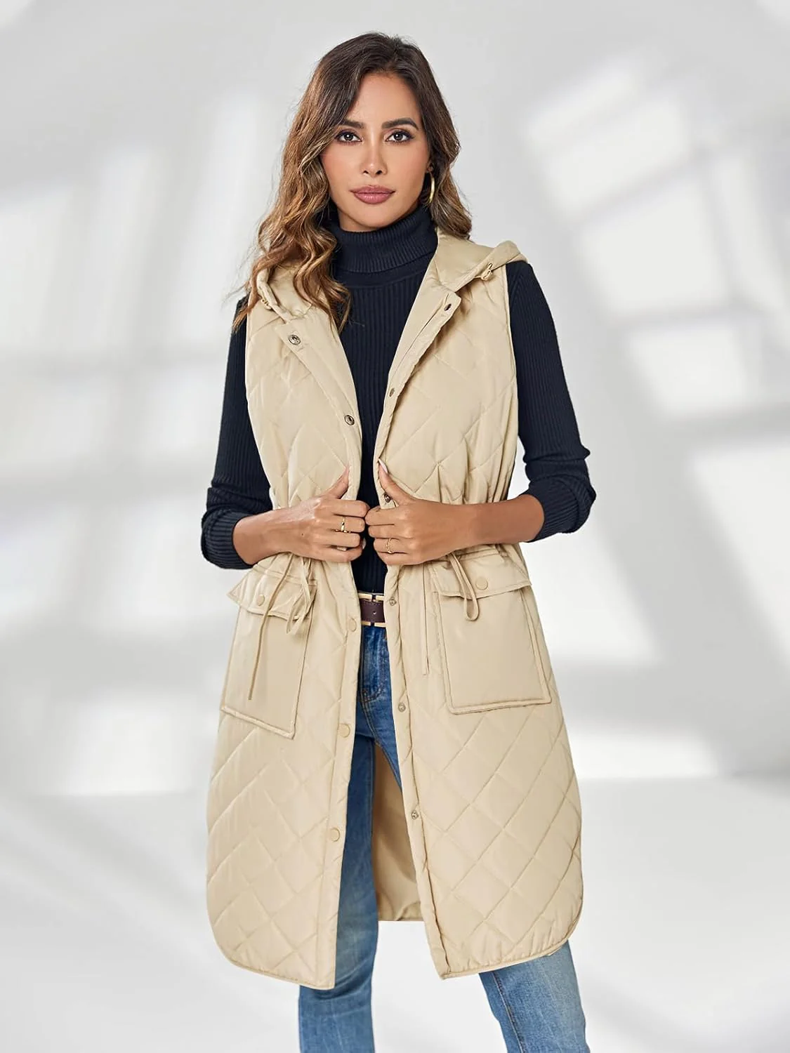 Wenrine Damen Weste Lang Ärmellose Winter Steppweste mit Kapuze und Taschen Casual XL Khaki, XL Khak - Image 2