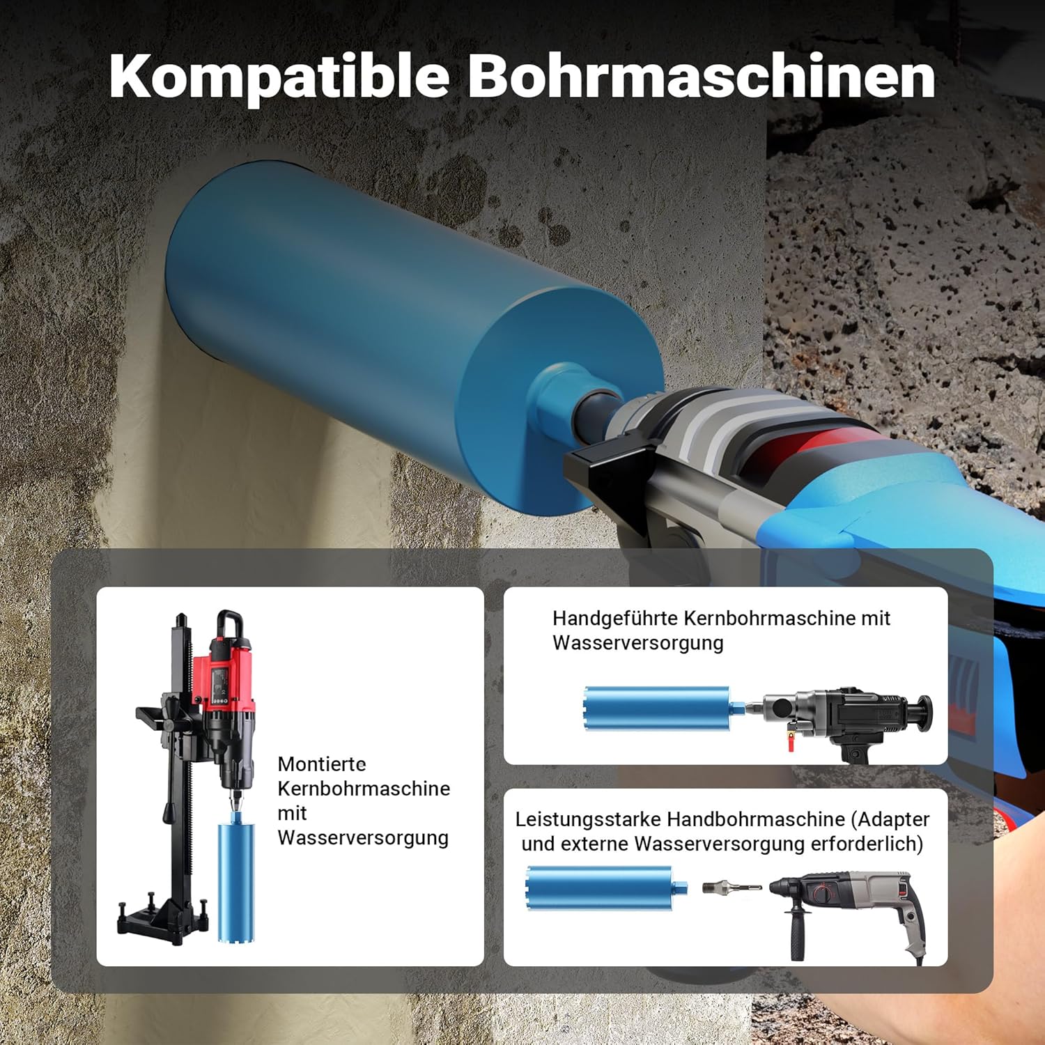 Wiltec Diamantbohrkrone Typ 1 (Shark) Ø 152 mm, Bohrkrone 450 mm, 1¼ UNC Nassbohrkrone, Diamantbohre - Image 7