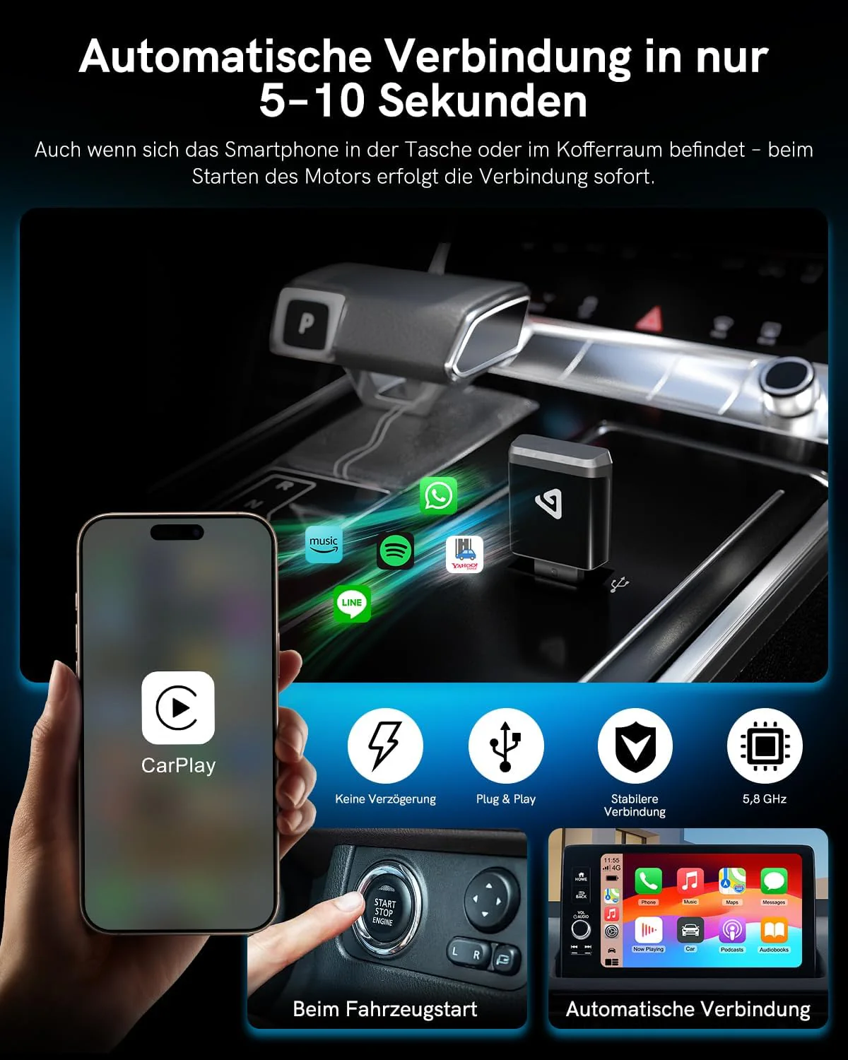Wireless Carplay Adapter, 2 in 1 Android Auto&Carplay Wireless Adapter, Upgrade von Wired CarPlay au - Image 3