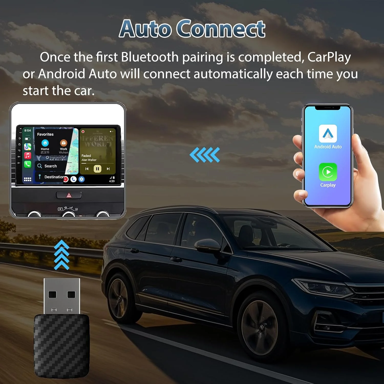 Wireless CarPlay & Android Auto Adapter, Bluetooth 5.0 Mini Adapter für Fahrzeuge, Kabelloses Plug & - Image 2