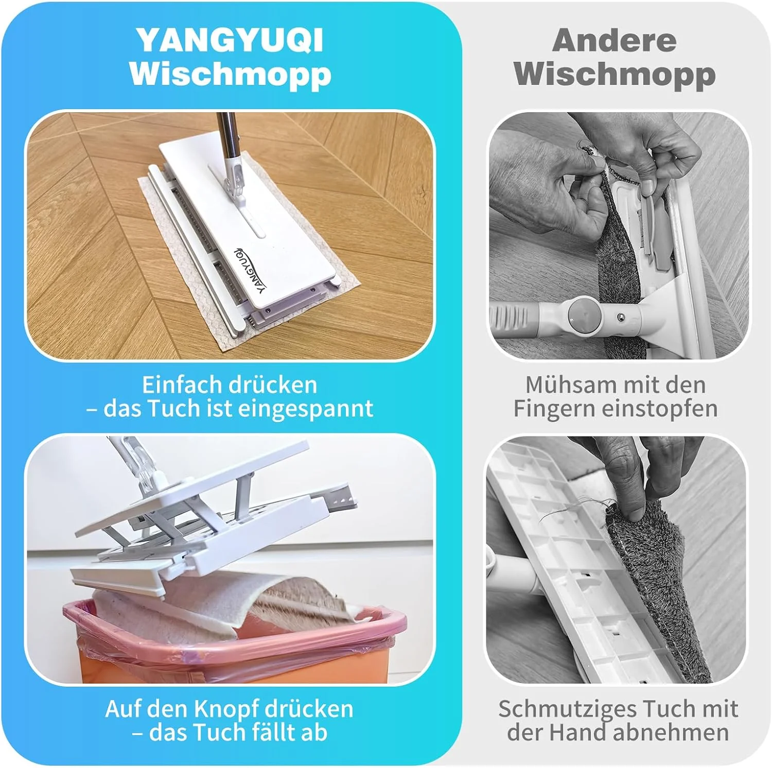 Wischmopp mit Druck-Klemm-System, Bodenwischer mit Automatischer Tuchklemme, Zero Touch Ein-Knopf-We - Image 6