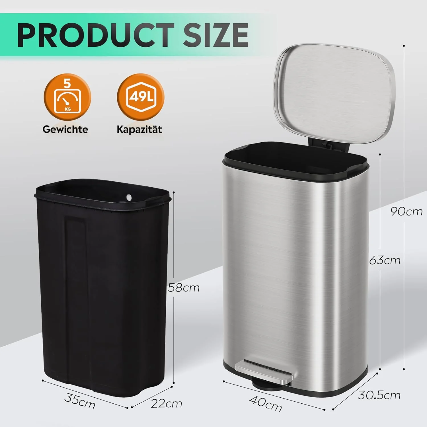 WLIVE 50L Mülleimer aus Edelstahl, grosser Treteimer mit Inneneimer und Soft-Close-Deckel, Abfalleim - Image 2