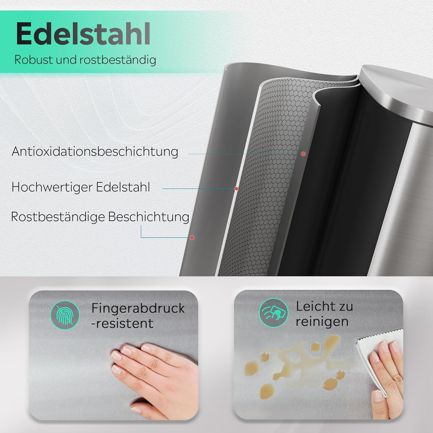 WLIVE 50L Mülleimer aus Edelstahl, grosser Treteimer mit Inneneimer und Soft-Close-Deckel, Abfalleim - Image 4