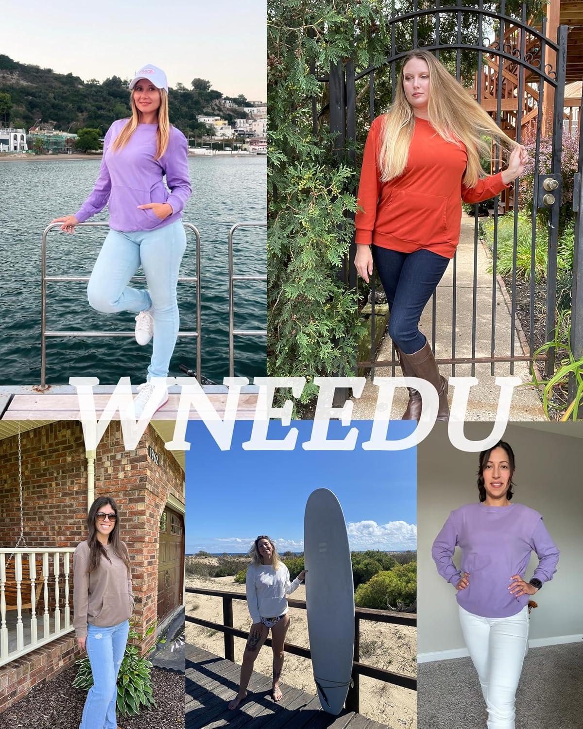 WNEEDU Damen Langarmshirts Lässige Sweatshirts mit Taschen Blau S, Blau S - Image 5